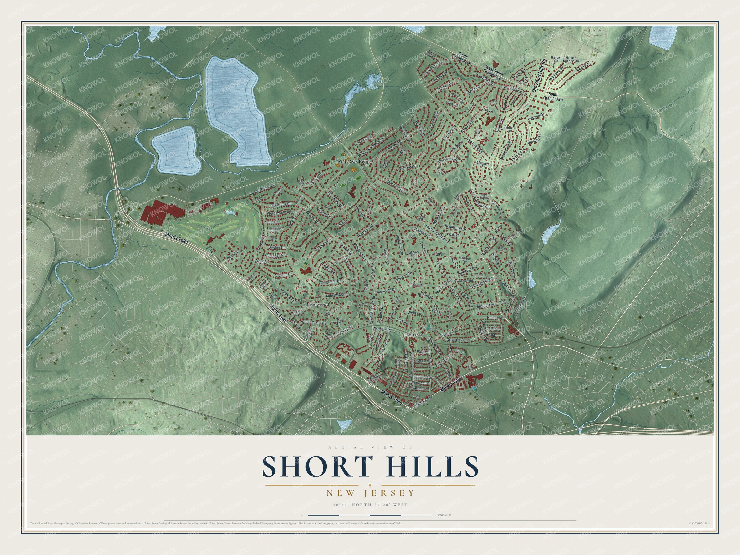 Detailed map of Short Hills, New Jersey, showing streets, buildings, and neighborhoods