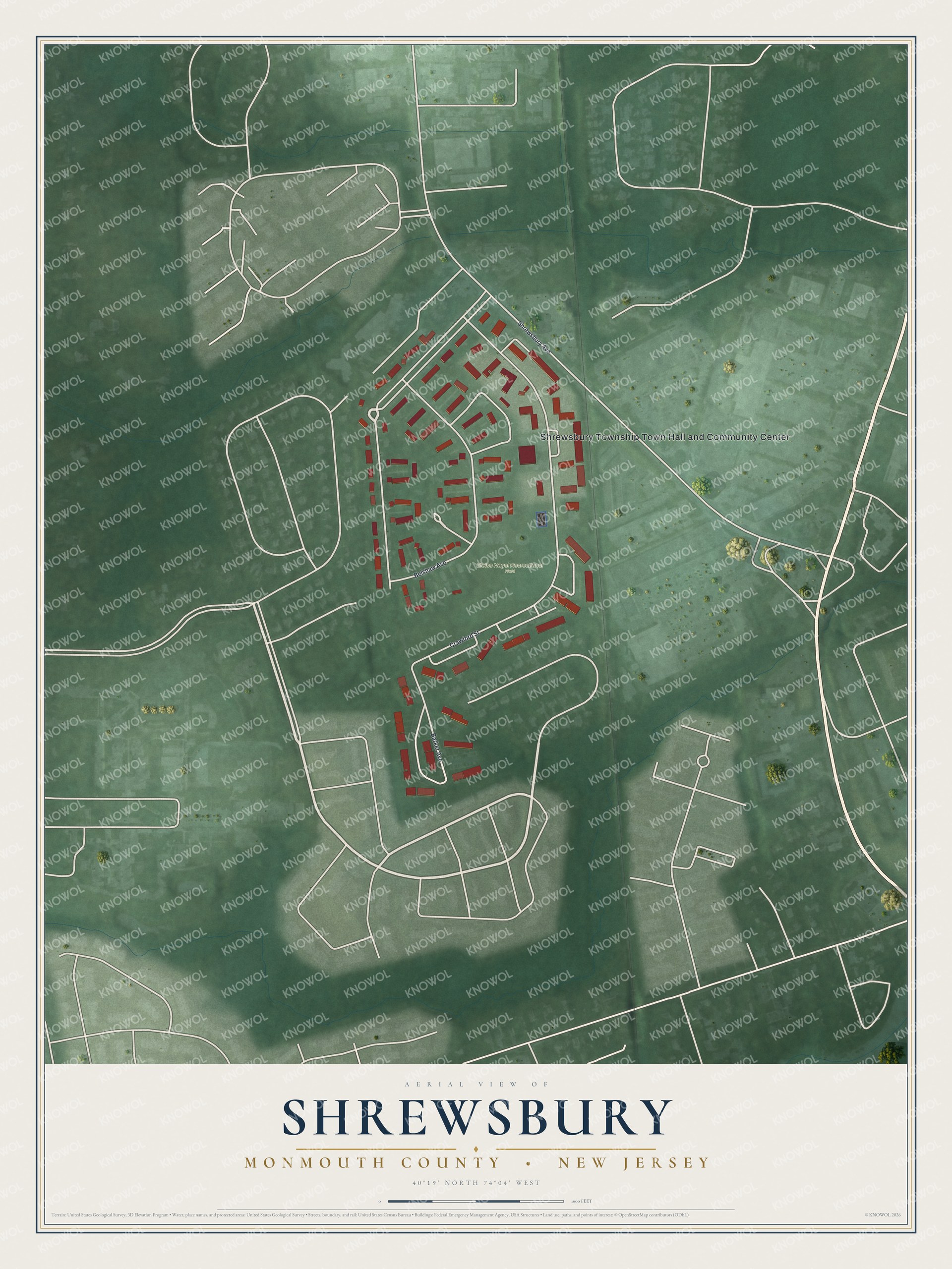 Detailed map of Shrewsbury, Monmouth County, New Jersey, showing streets and buildings