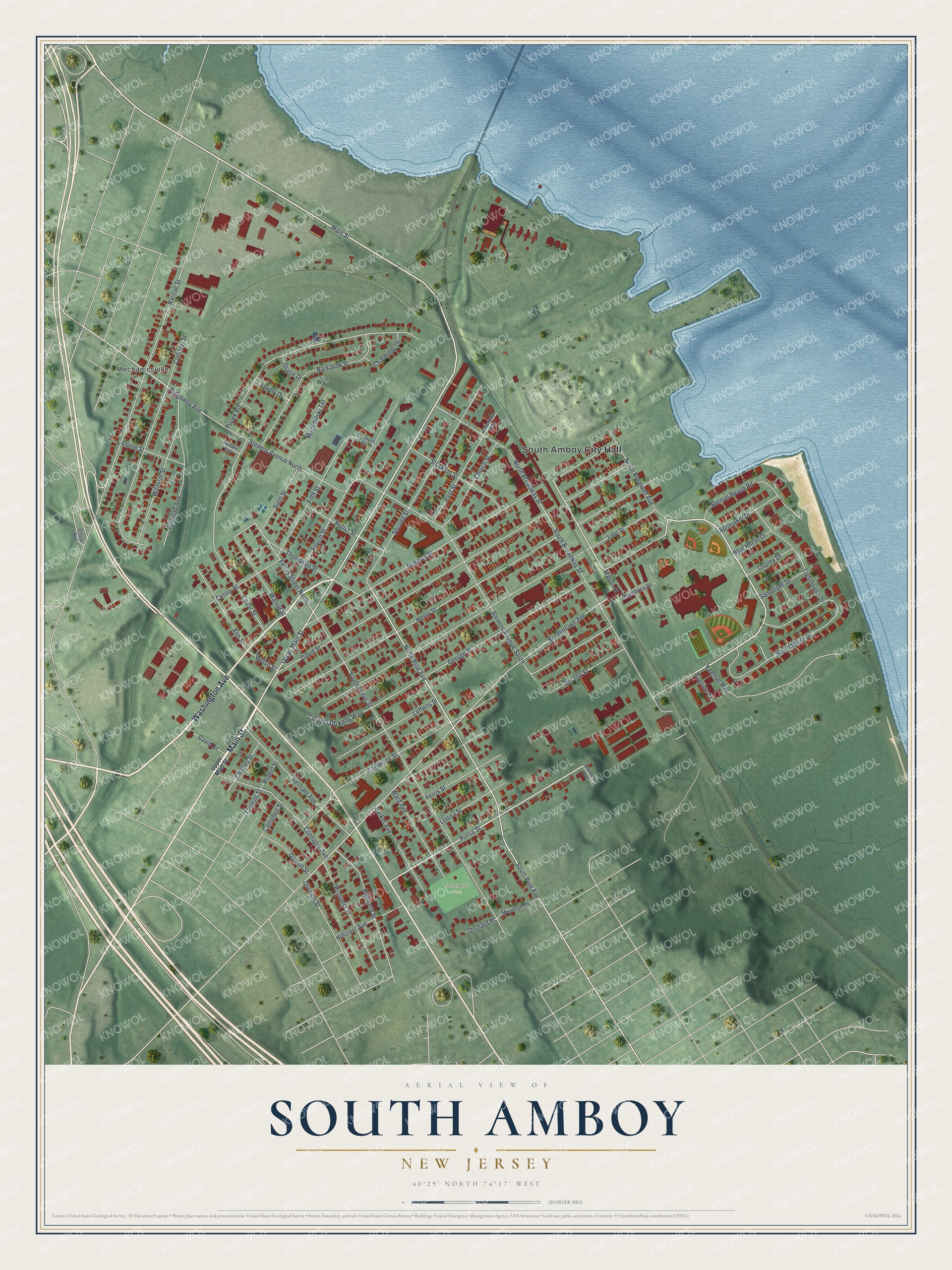 Detailed map of South Amboy, New Jersey, showing streets, buildings, beaches, and parks