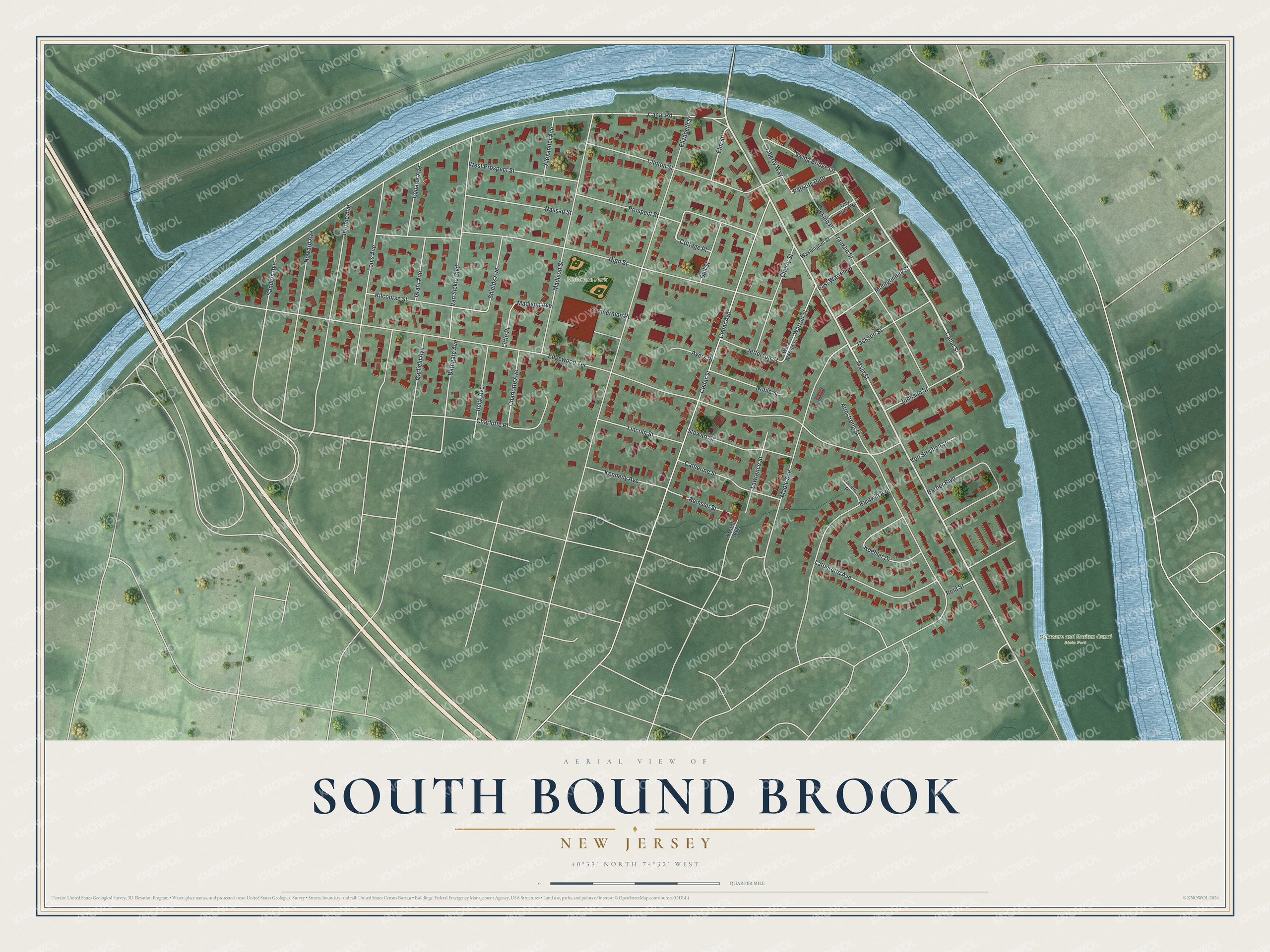 Detailed map of South Bound Brook, New Jersey, showing streets, buildings, and parks