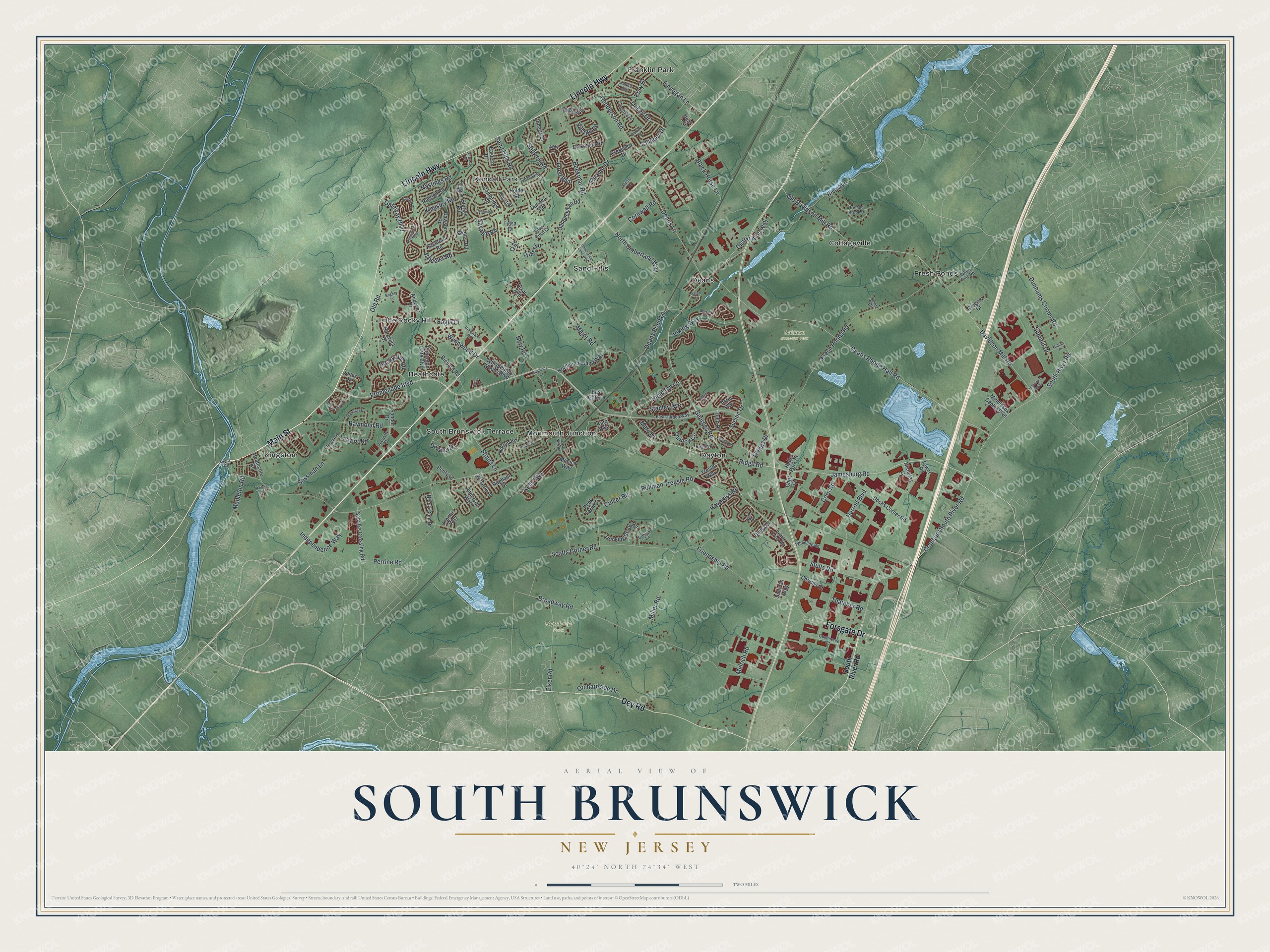 Detailed map of South Brunswick, New Jersey, showing streets, buildings, neighborhoods, and parks