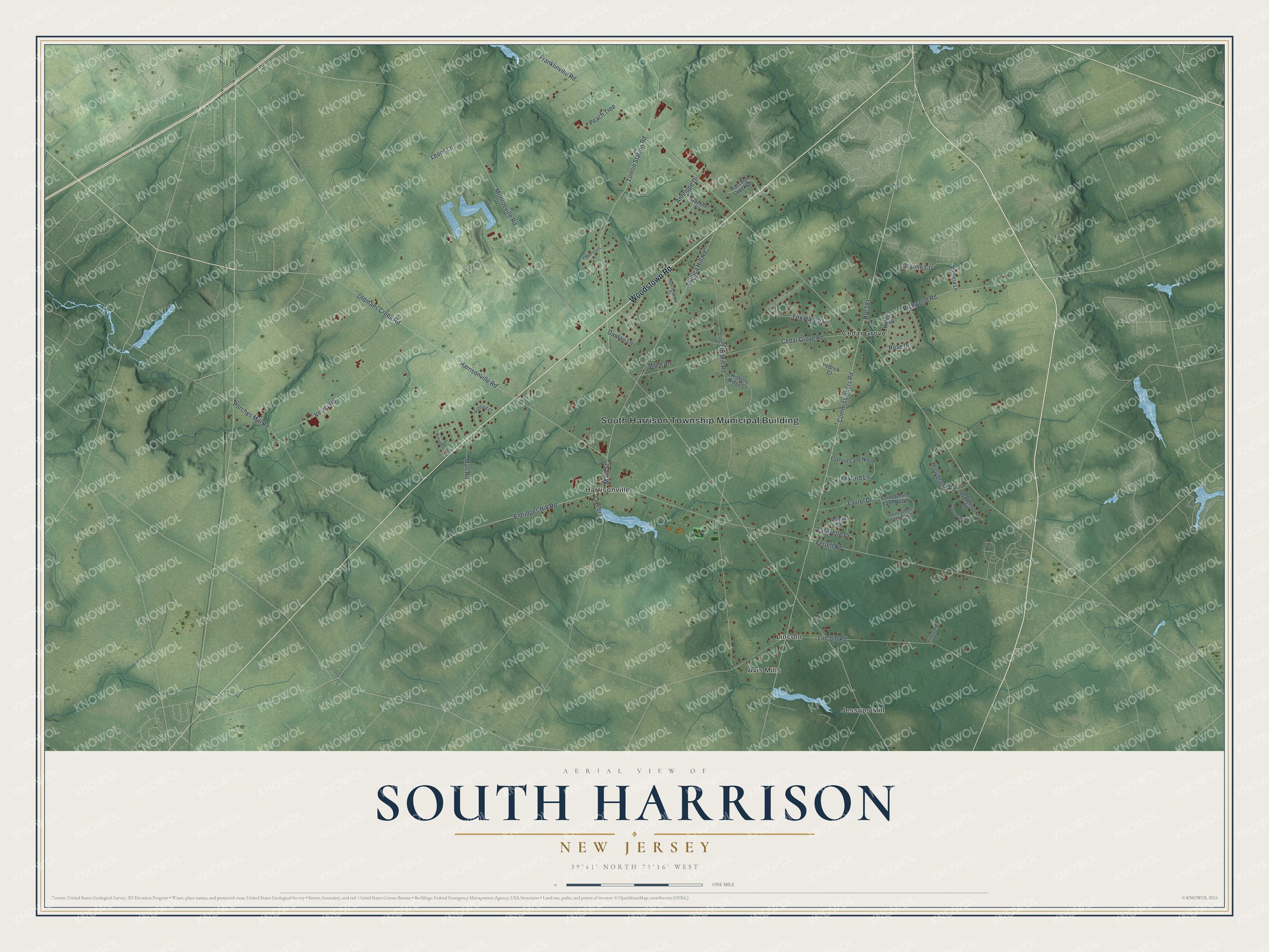 Detailed map of South Harrison, New Jersey, showing streets, buildings, and neighborhoods