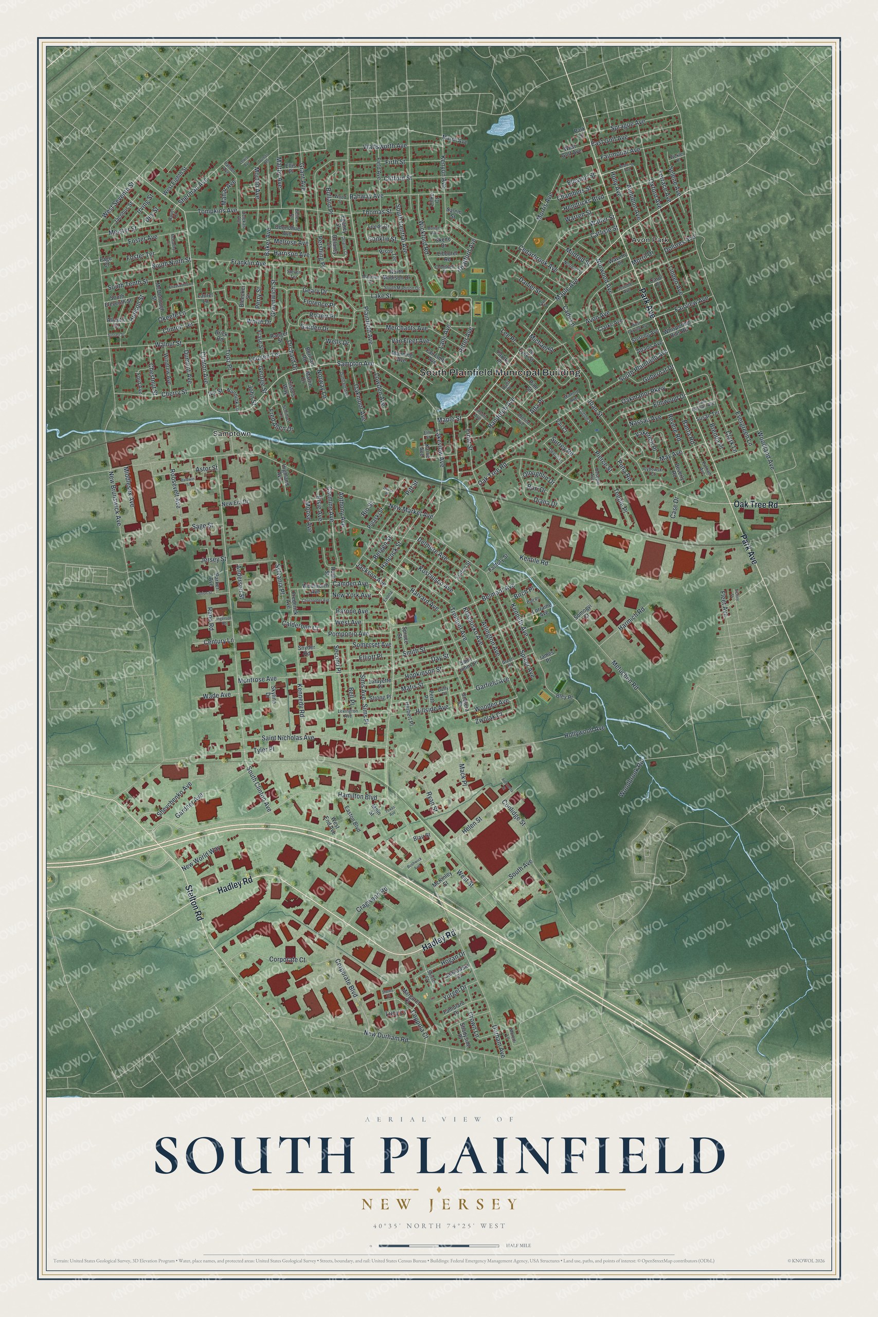 Detailed map of South Plainfield, New Jersey, showing streets, buildings, and neighborhoods