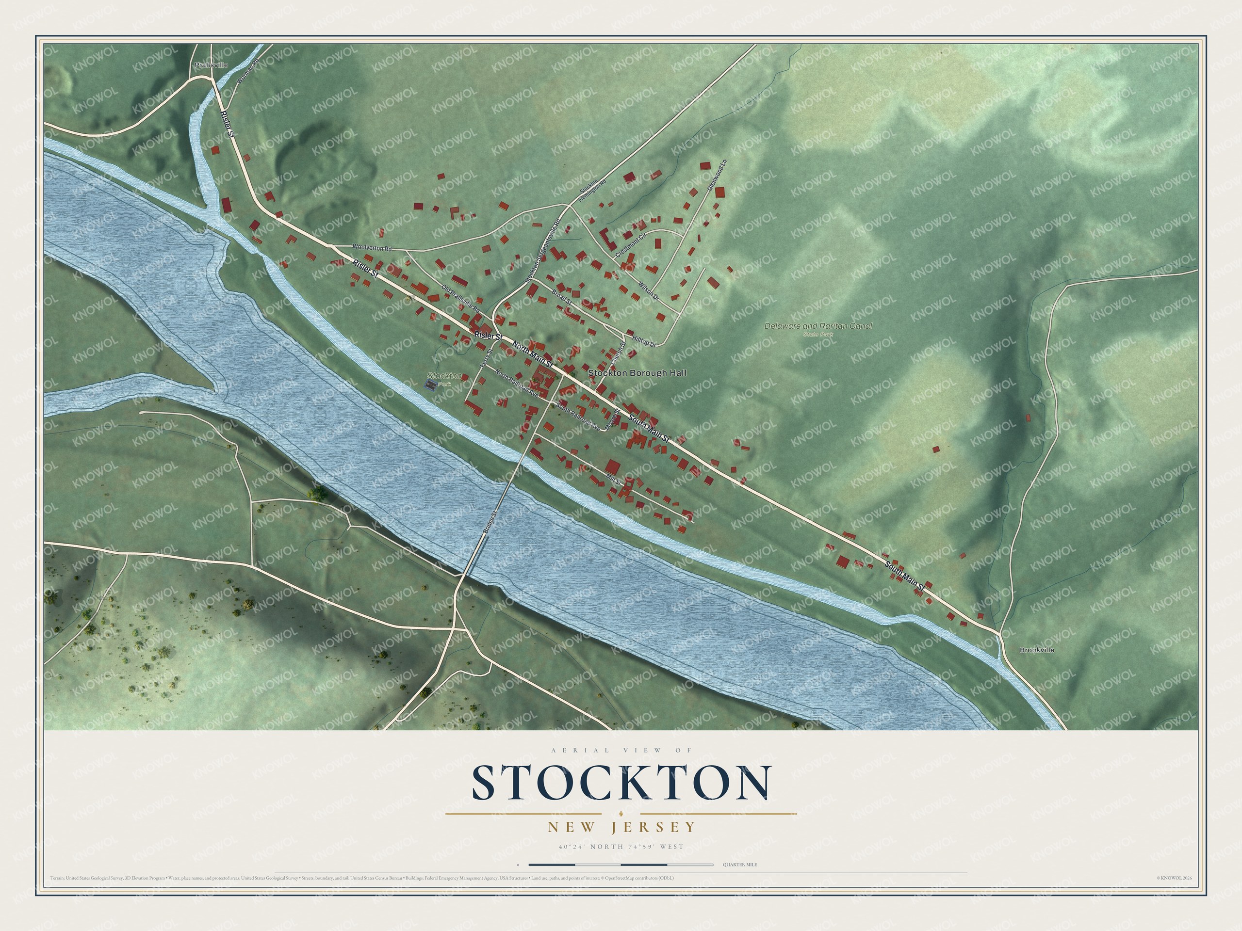 Detailed map of Stockton, New Jersey, showing streets, buildings, neighborhoods, and parks
