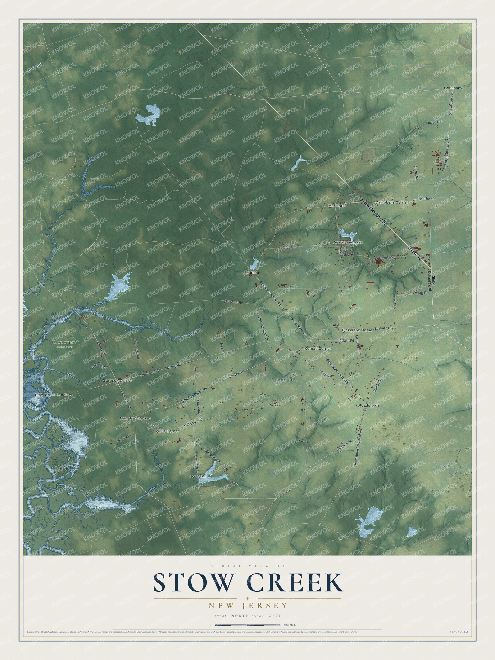 Detailed map of Stow Creek, New Jersey, showing streets, buildings, and neighborhoods