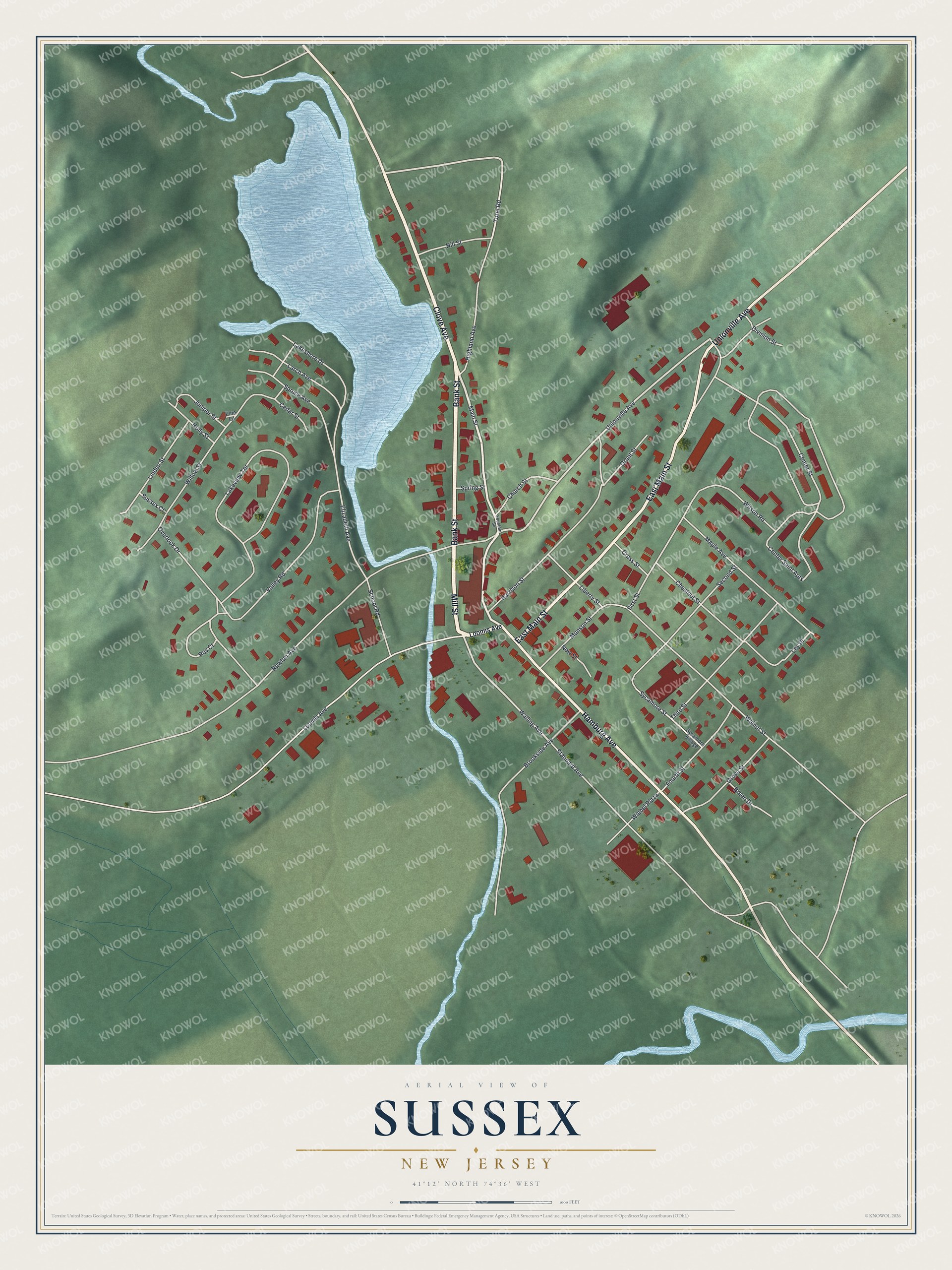 Detailed map of Sussex, New Jersey, showing streets and buildings
