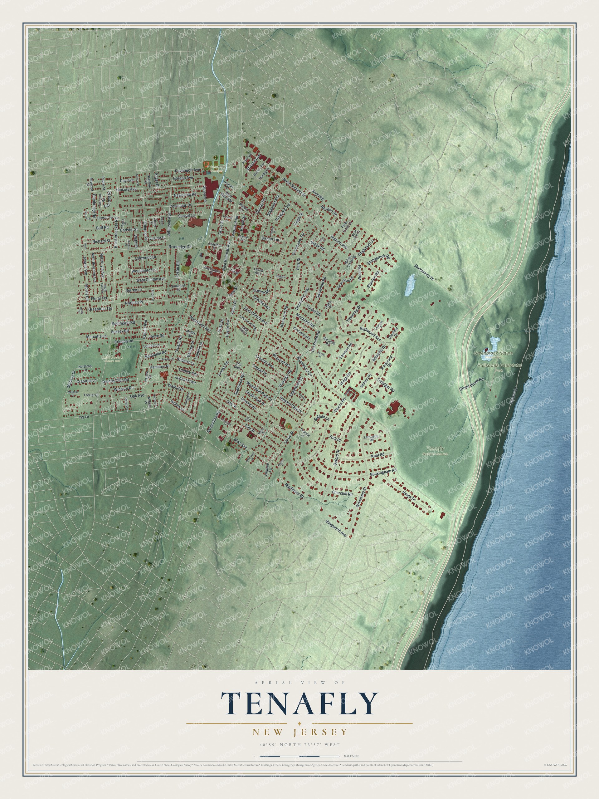 Detailed map of Tenafly, New Jersey, showing streets, buildings, and parks