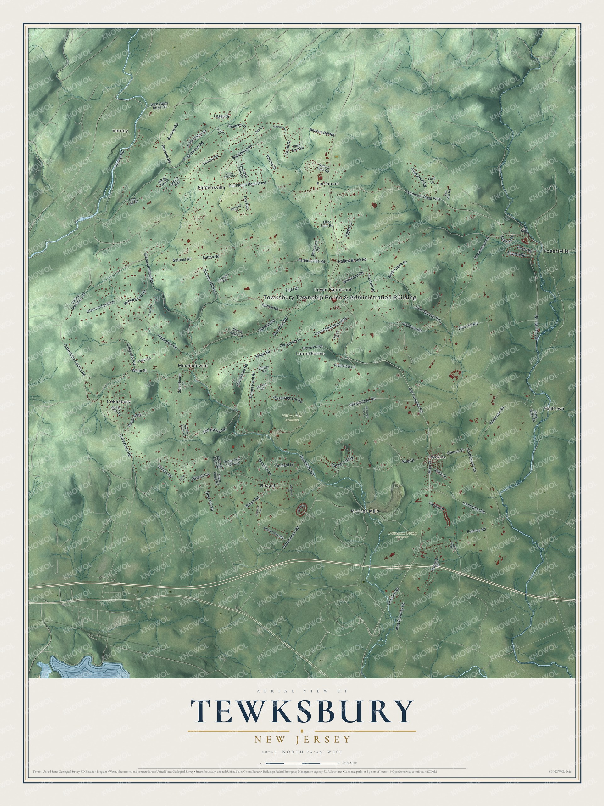 Detailed map of Tewksbury, New Jersey, showing streets, buildings, neighborhoods, and parks