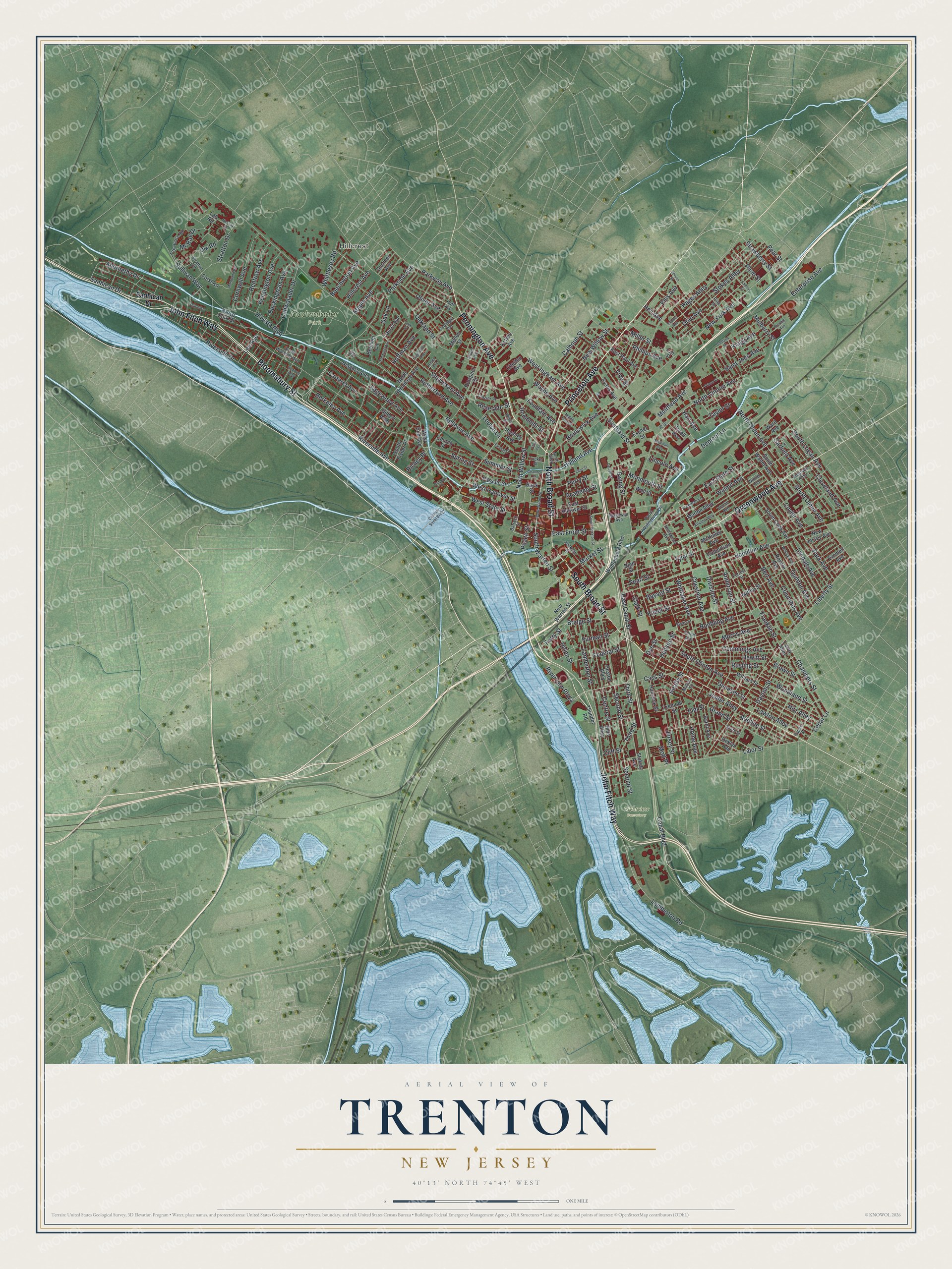 Detailed map of Trenton, New Jersey, showing streets, buildings, and parks