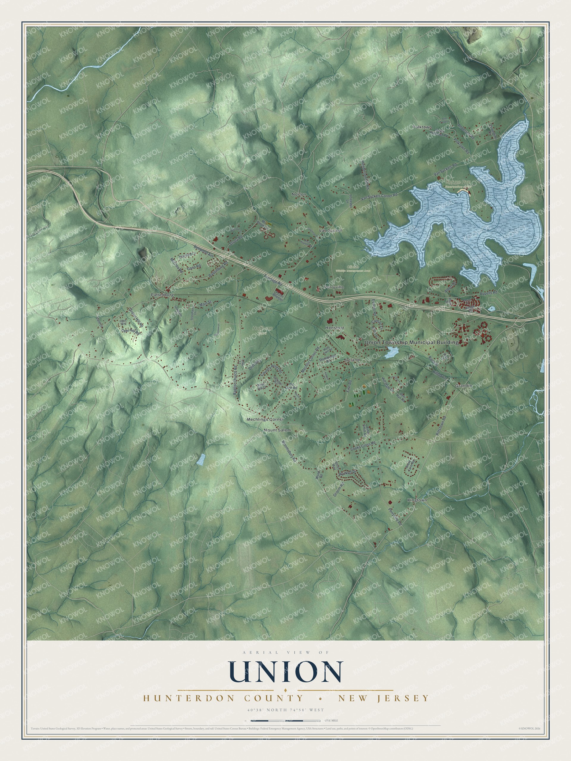 Detailed map of Union, Hunterdon County, New Jersey, showing streets, buildings, neighborhoods, and parks