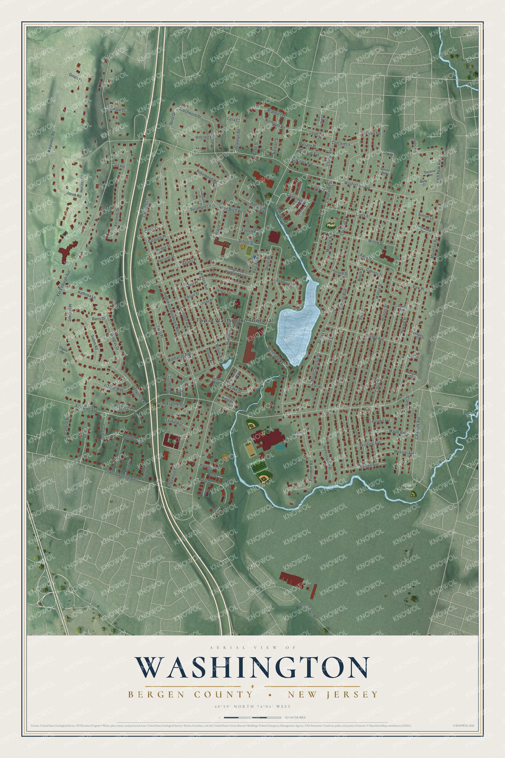 Detailed map of Washington, Bergen County, New Jersey, showing streets and buildings