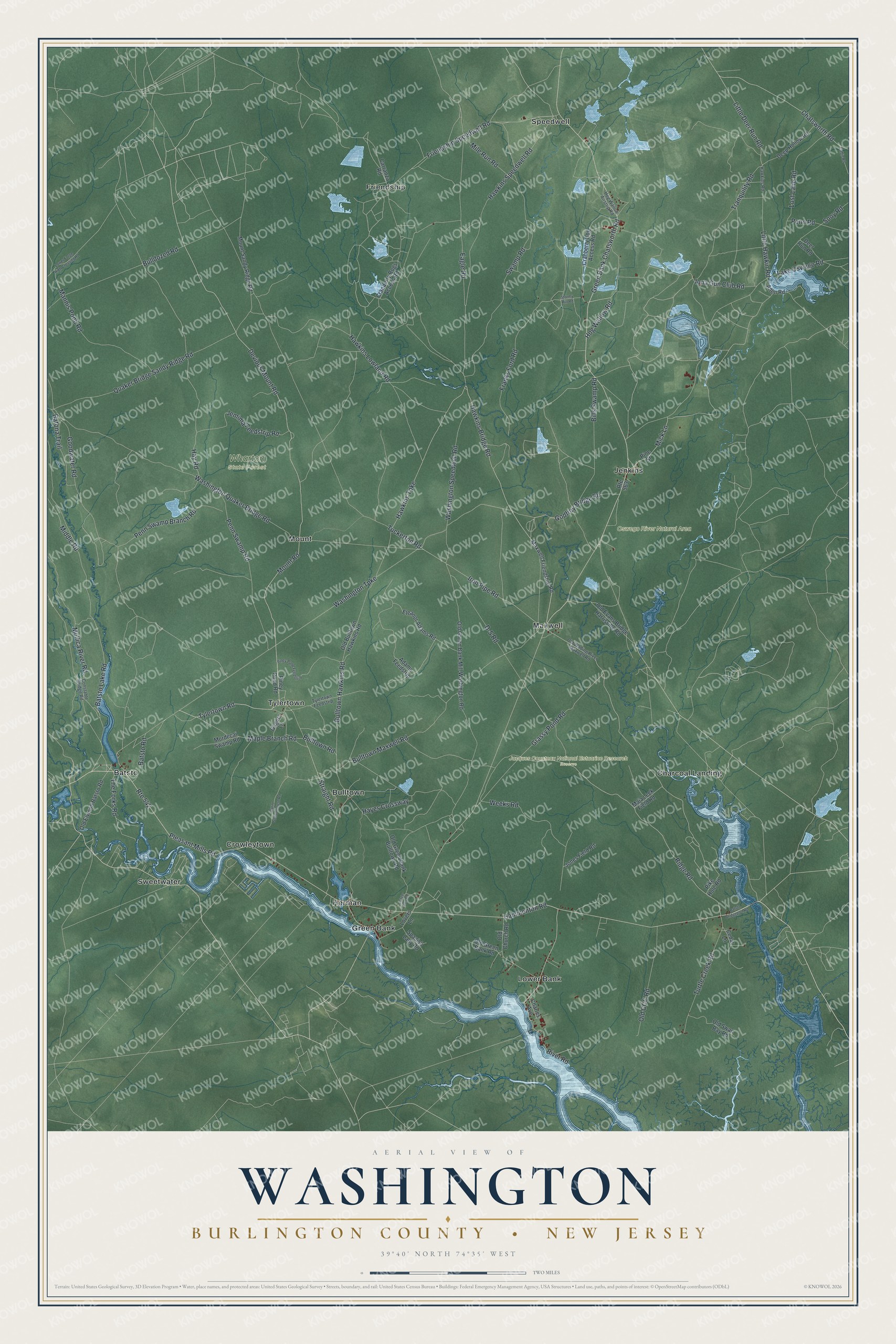 Detailed map of Washington, Burlington County, New Jersey, showing streets, buildings, neighborhoods, and parks