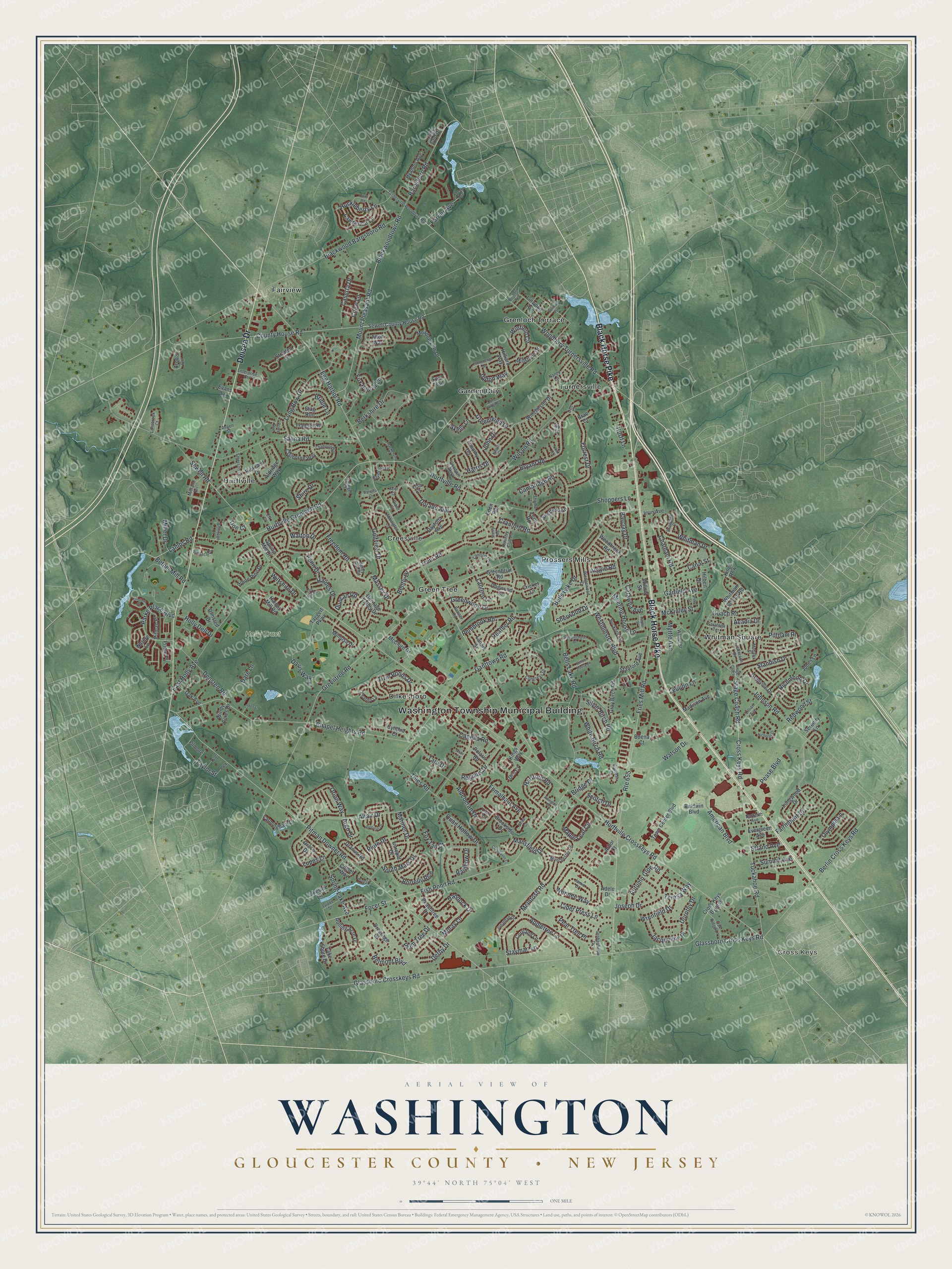 Detailed map of Washington, Gloucester County, New Jersey, showing streets, buildings, and neighborhoods