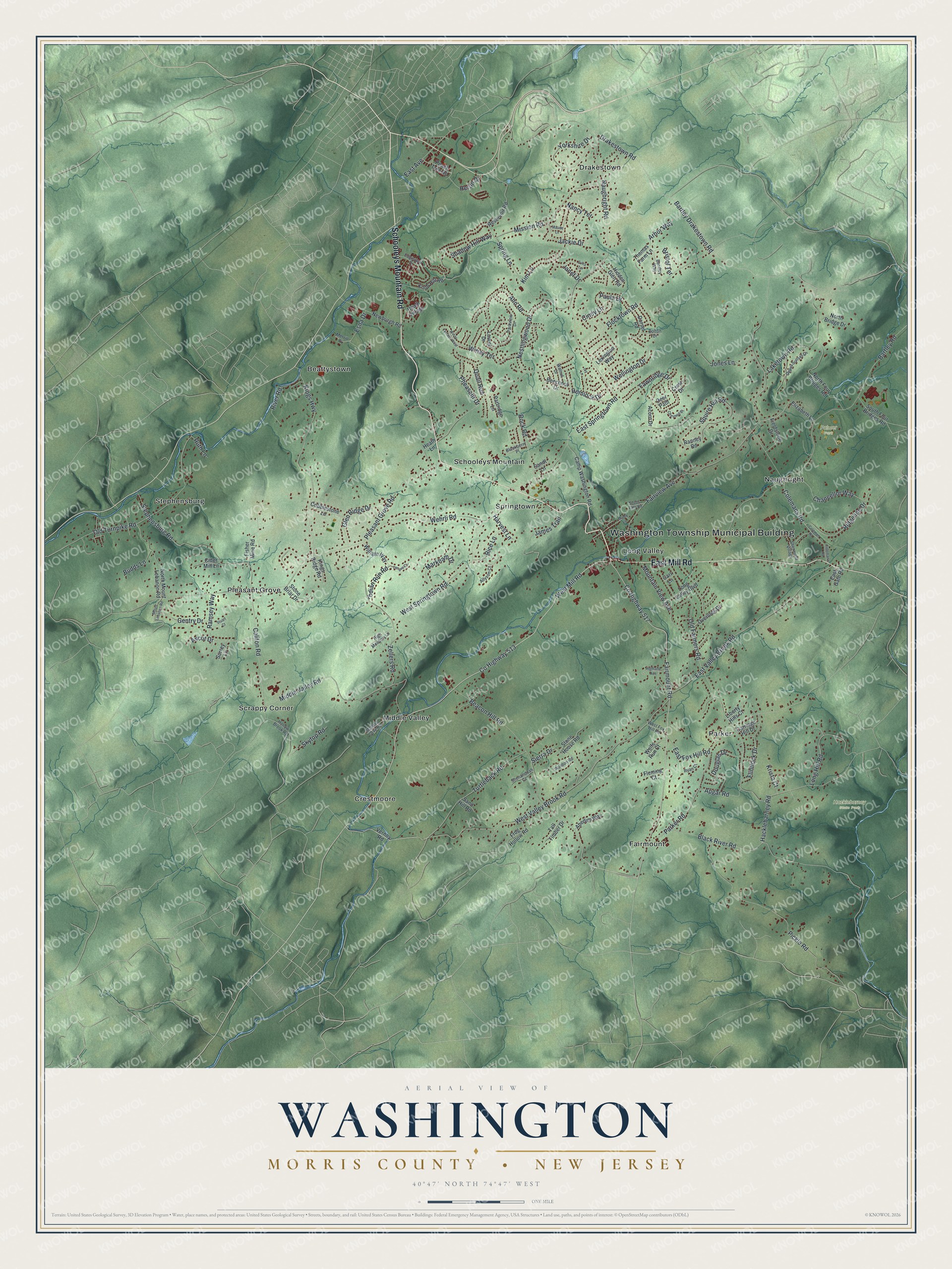 Detailed map of Washington, Morris County, New Jersey, showing streets, buildings, neighborhoods, and parks