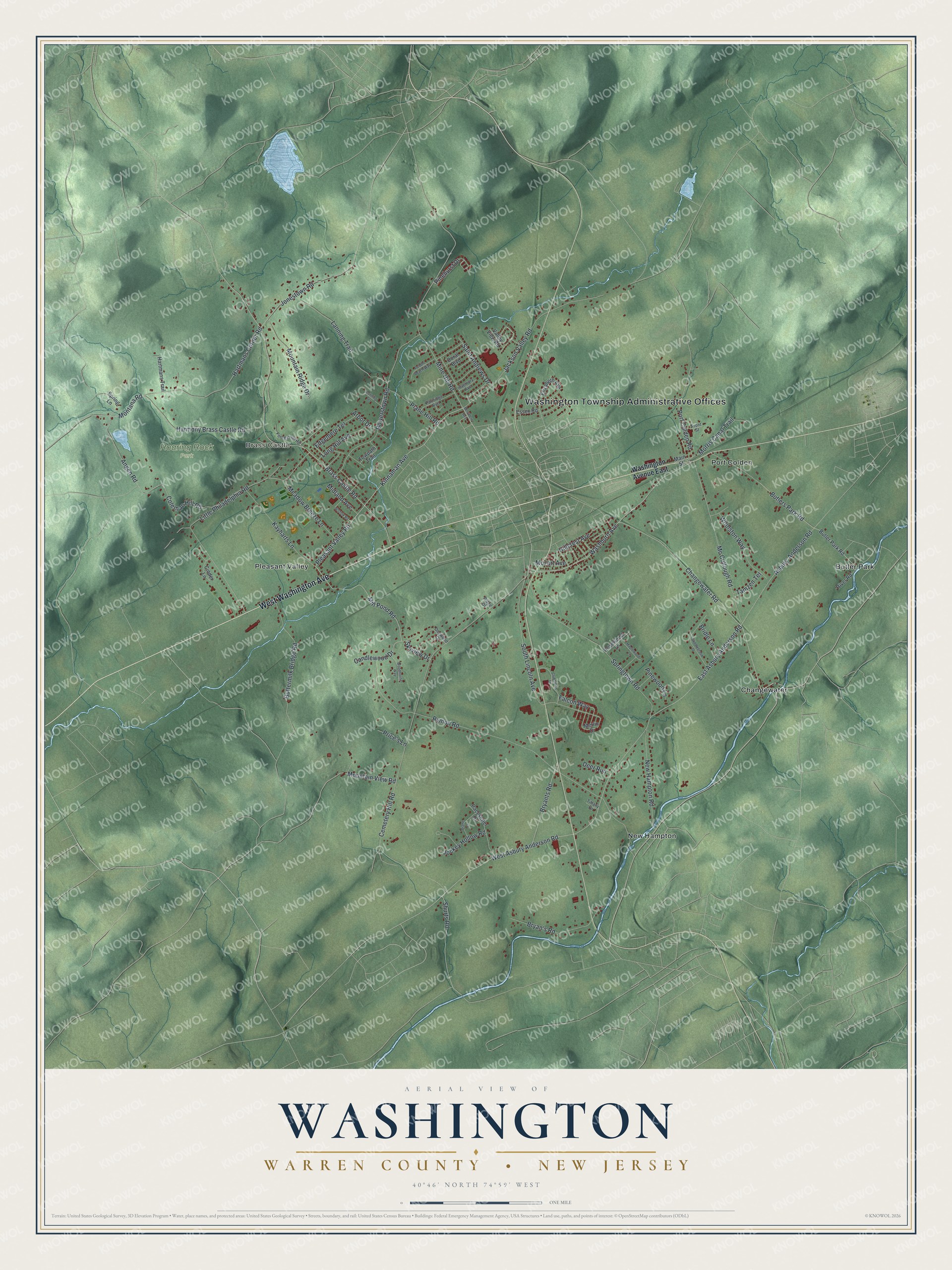 Detailed map of Washington, Warren County, New Jersey, showing streets, buildings, neighborhoods, and parks