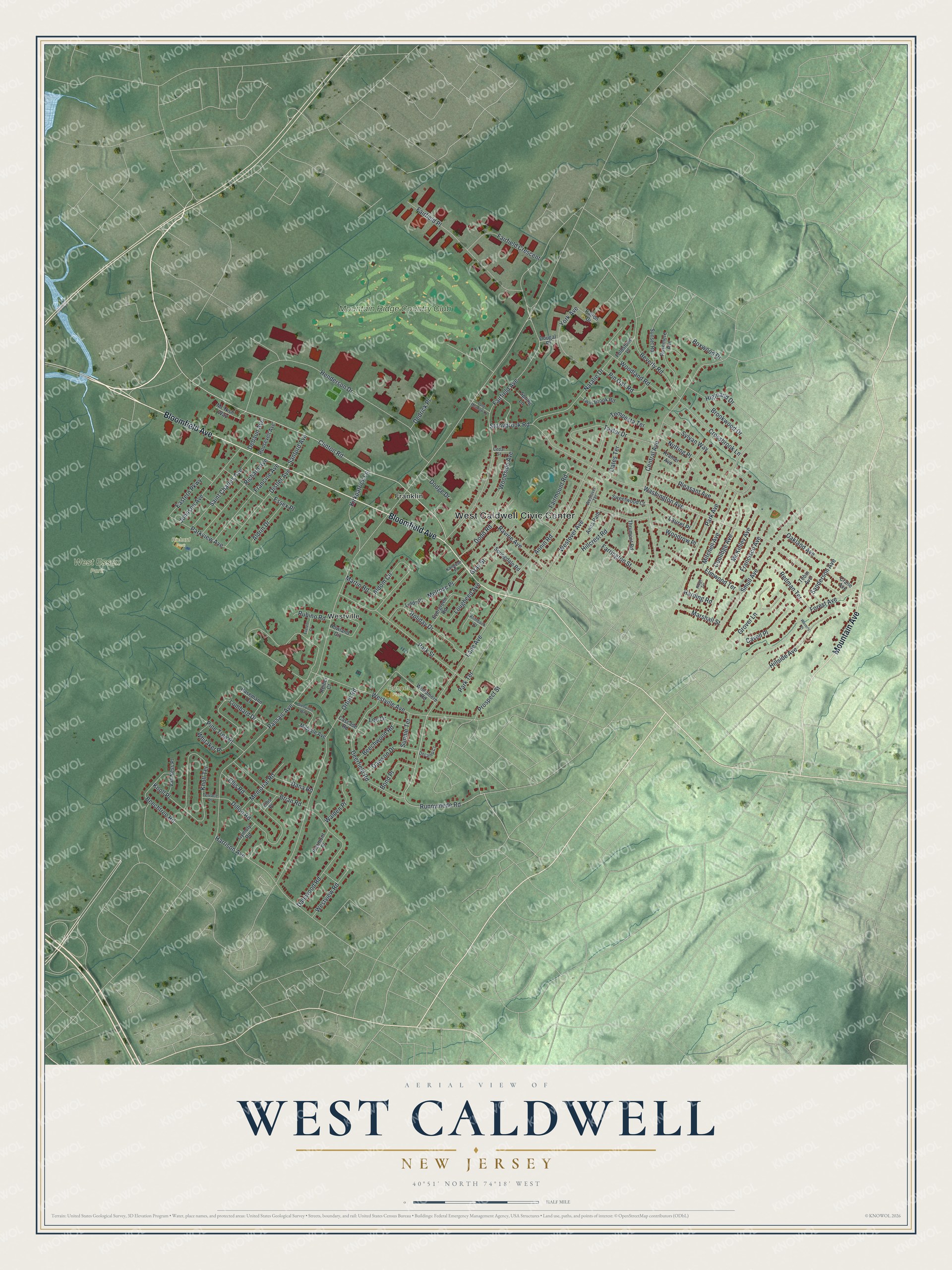 Detailed map of West Caldwell, New Jersey, showing streets, buildings, neighborhoods, and parks