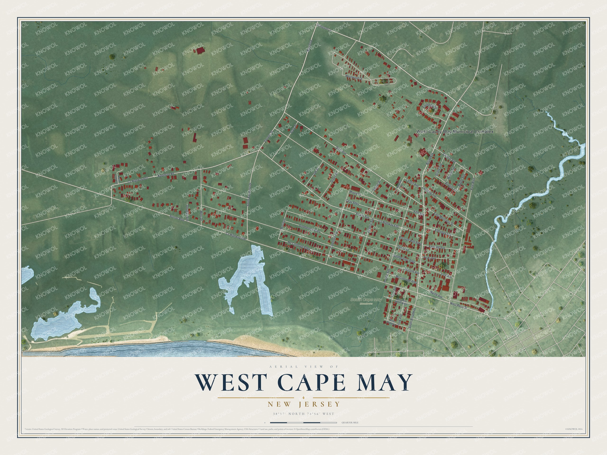 Detailed map of West Cape May, New Jersey, showing streets, buildings, and beaches