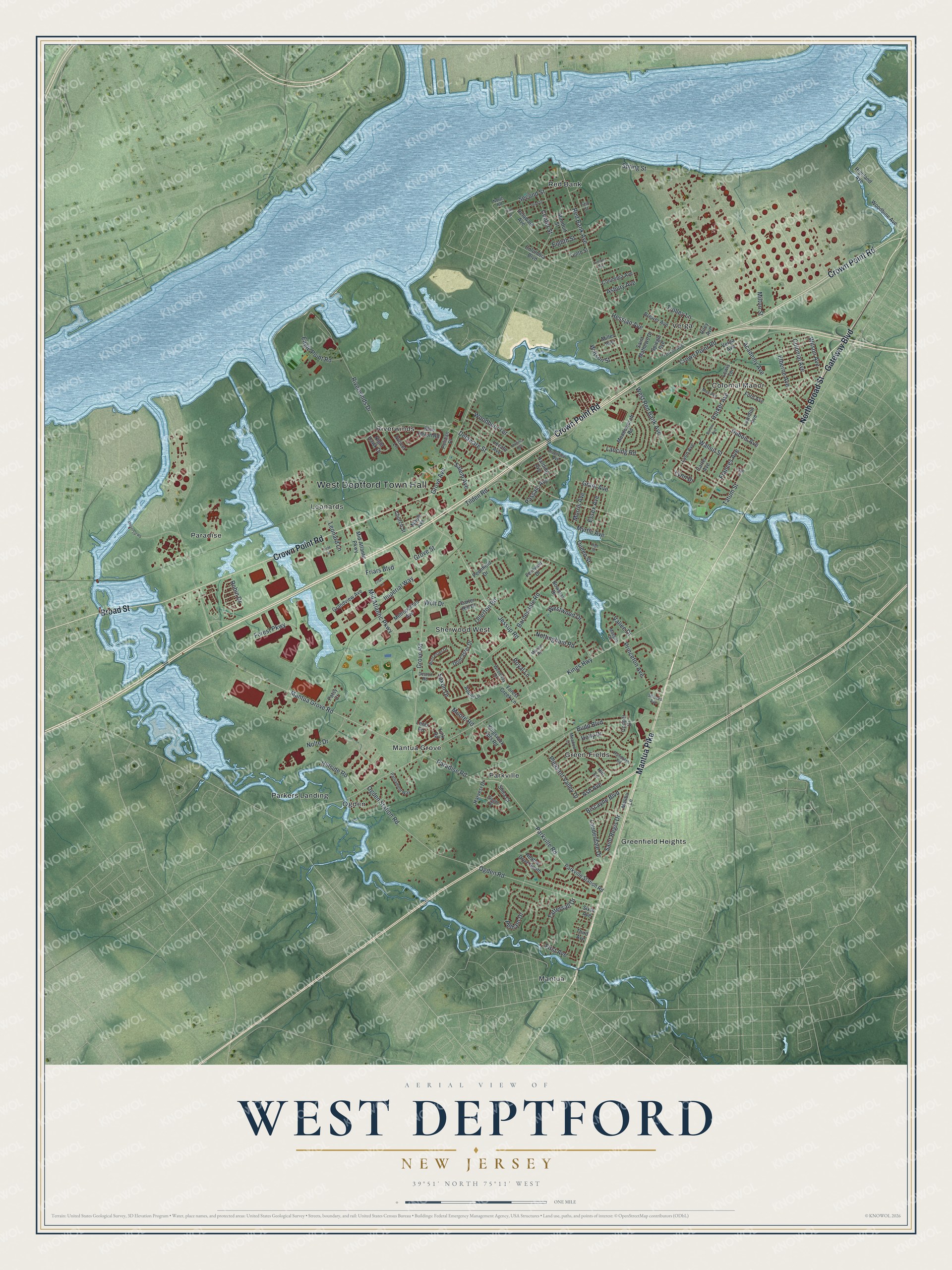 Detailed map of West Deptford, New Jersey, showing streets, buildings, and neighborhoods