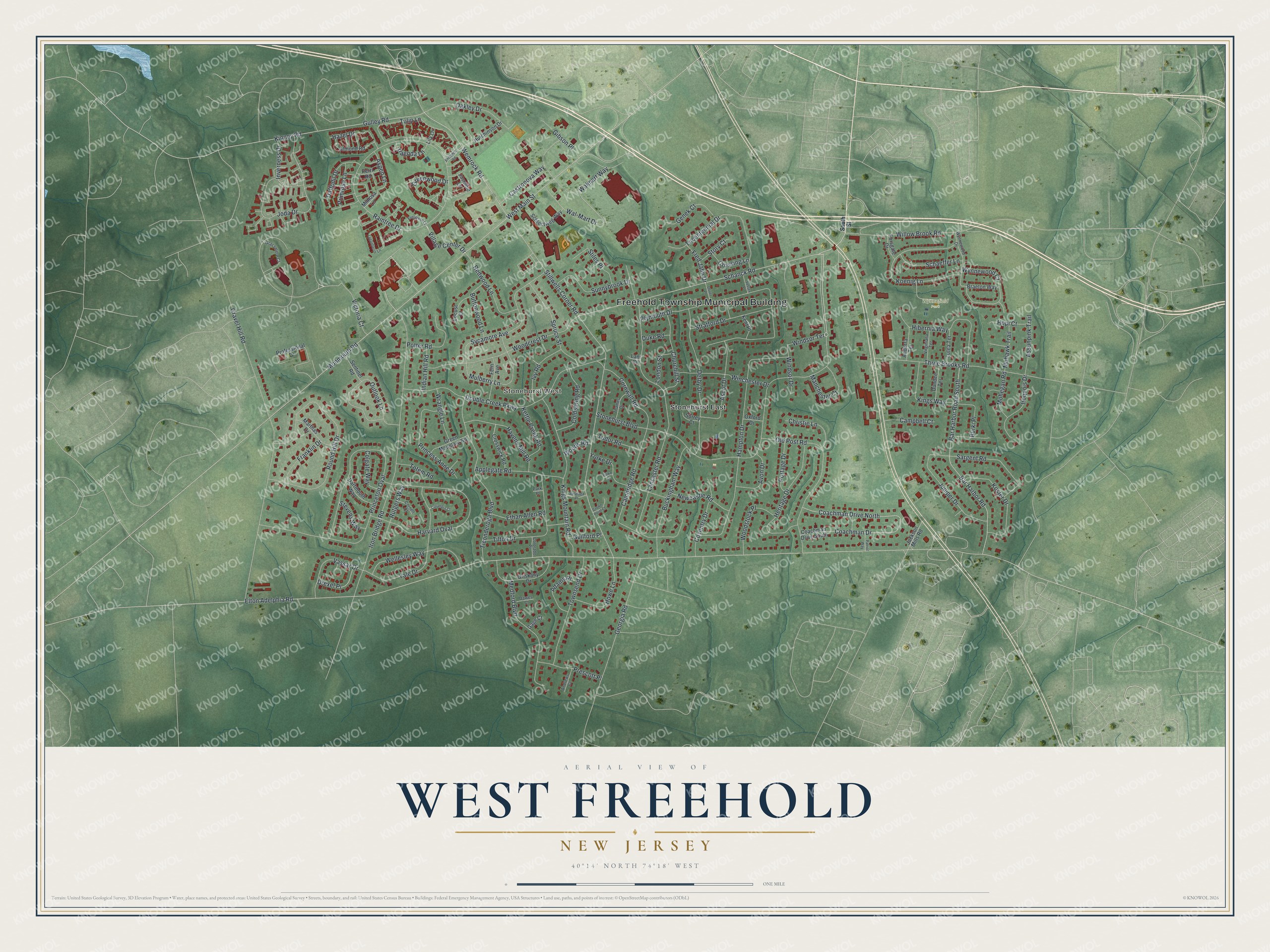 Detailed map of West Freehold, New Jersey, showing streets, buildings, neighborhoods, and parks