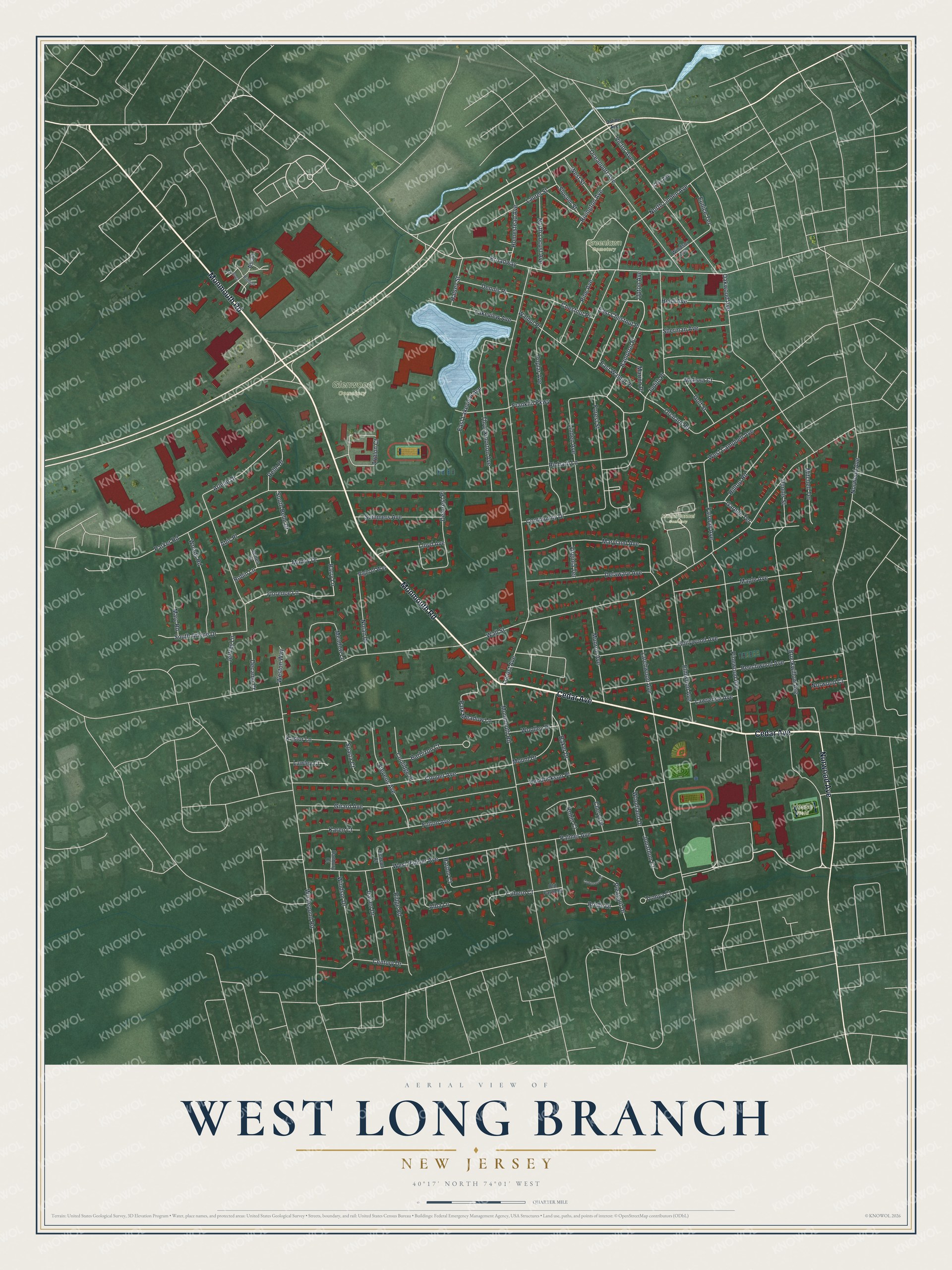 Detailed map of West Long Branch, New Jersey, showing streets, buildings, and parks