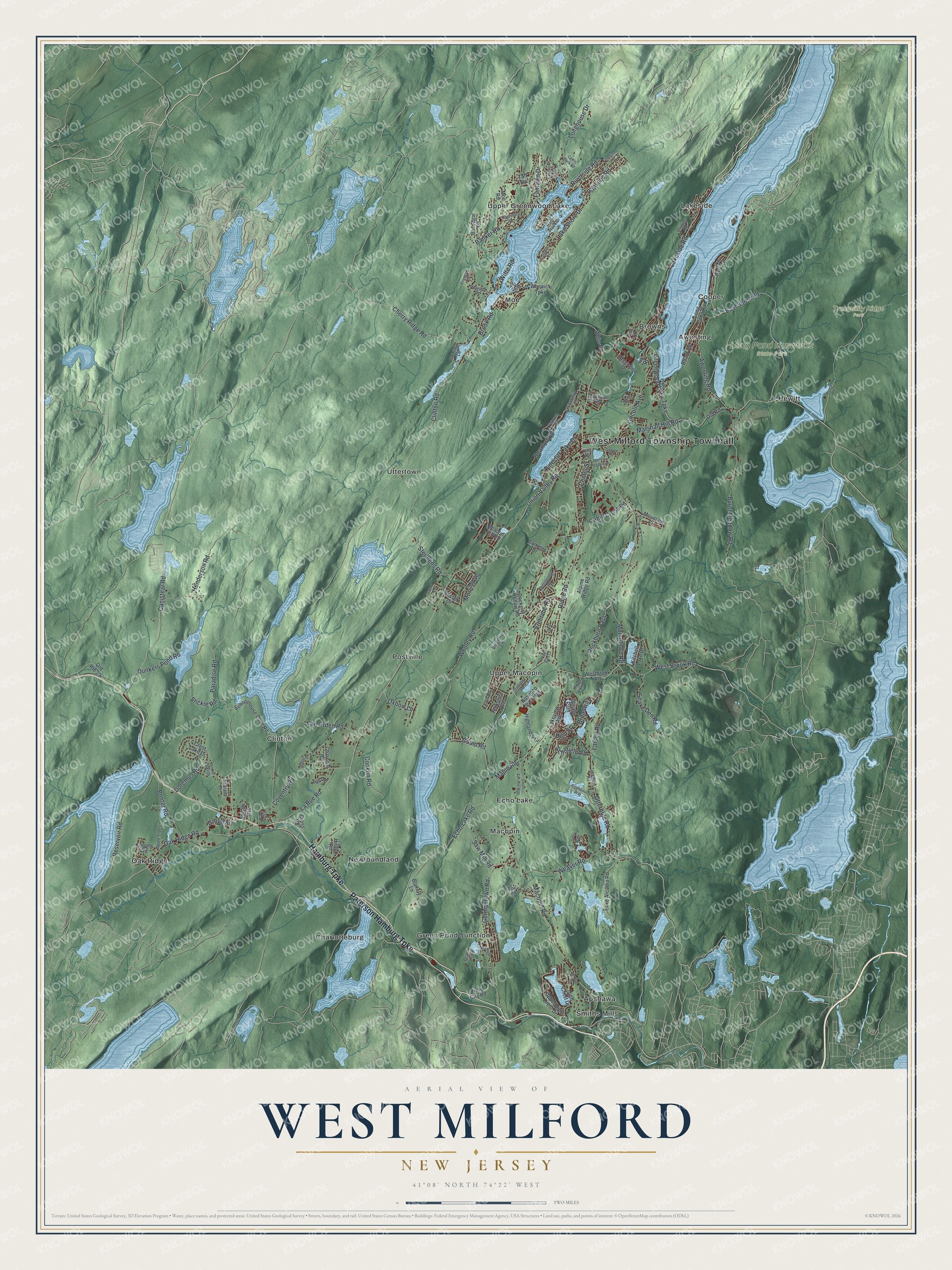 Detailed map of West Milford, New Jersey, showing streets, buildings, neighborhoods, and parks