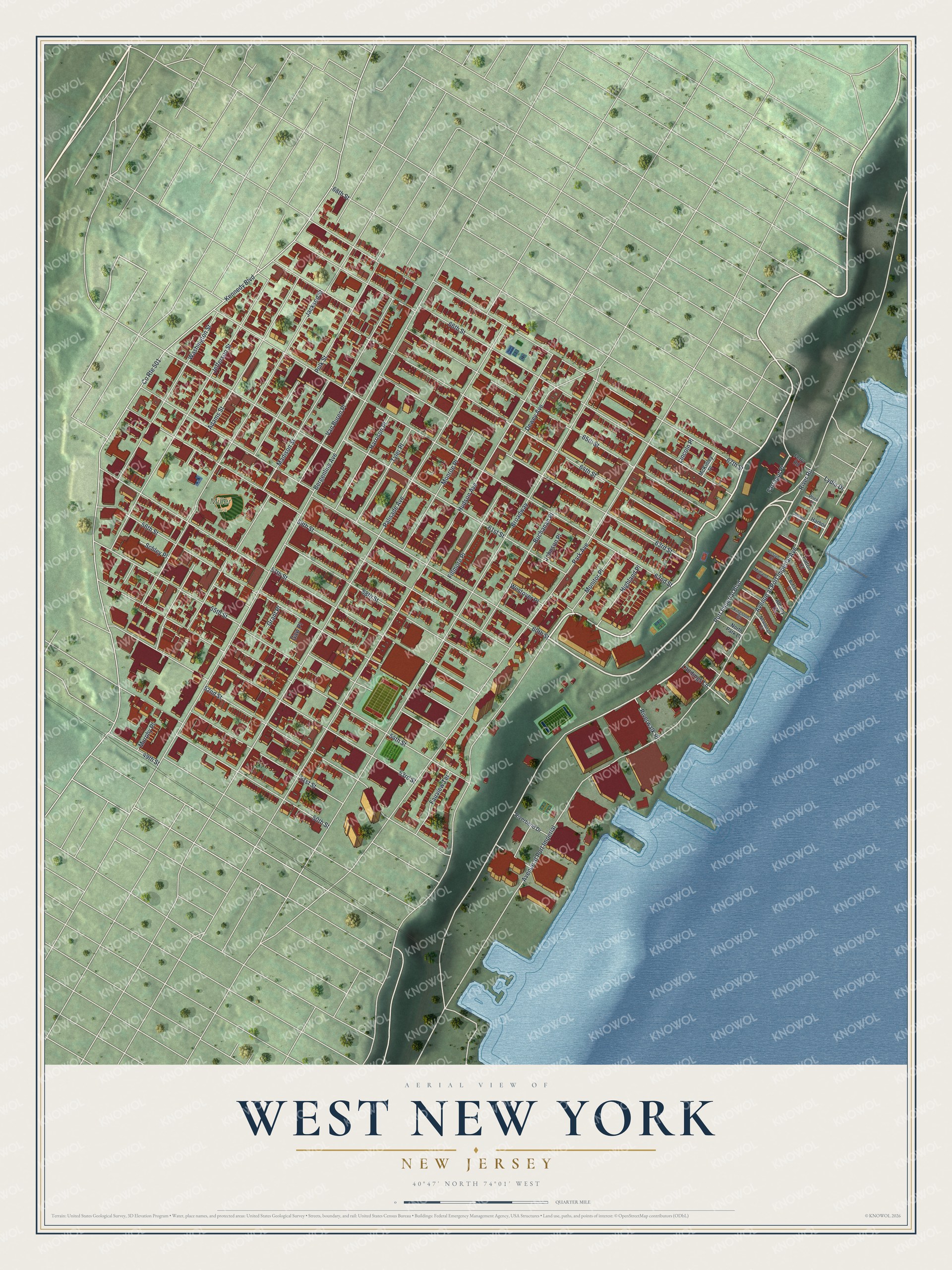 Detailed map of West New York, New Jersey, showing streets, buildings, and parks