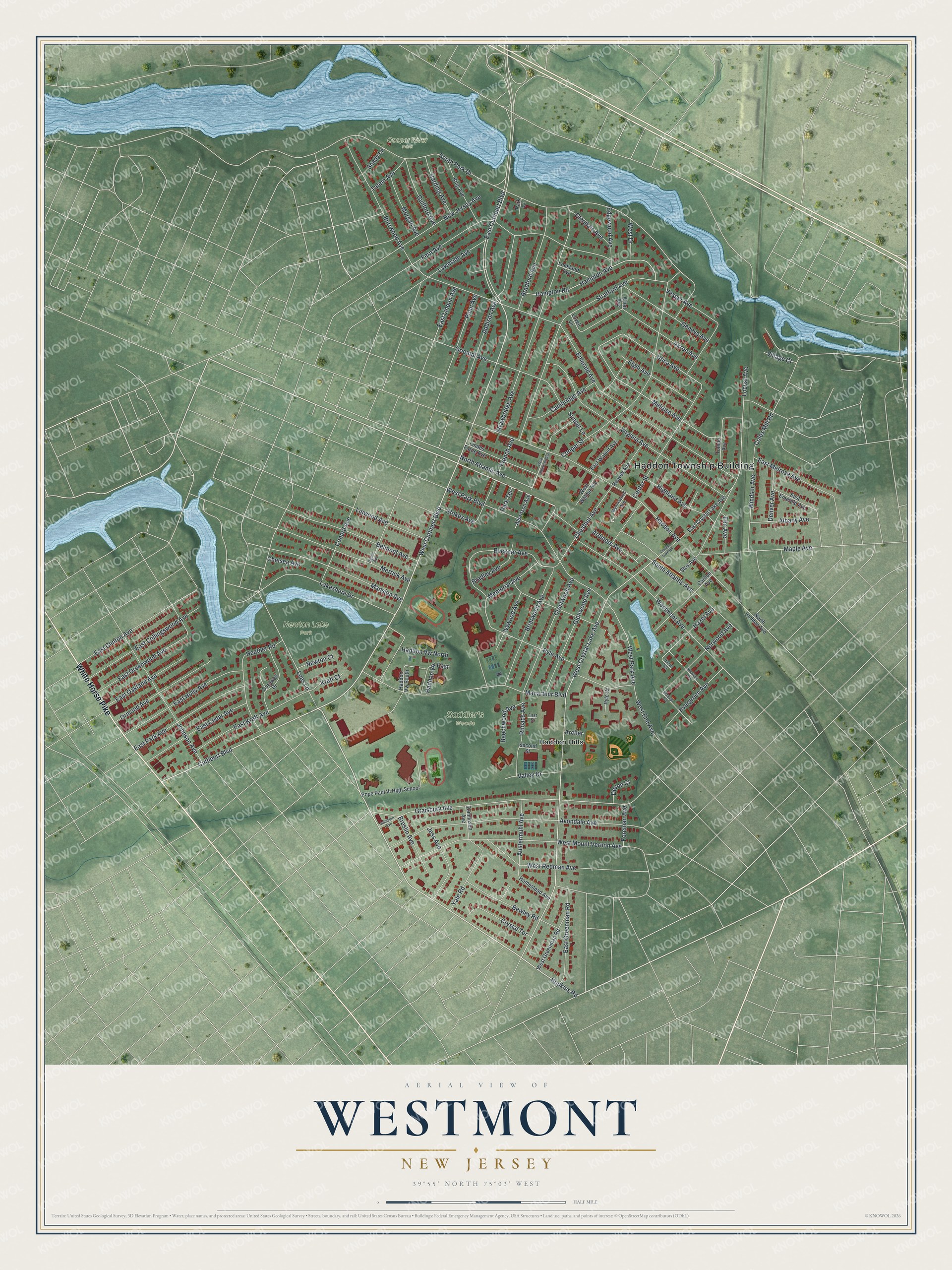 Detailed map of Westmont, New Jersey, showing streets, buildings, and parks