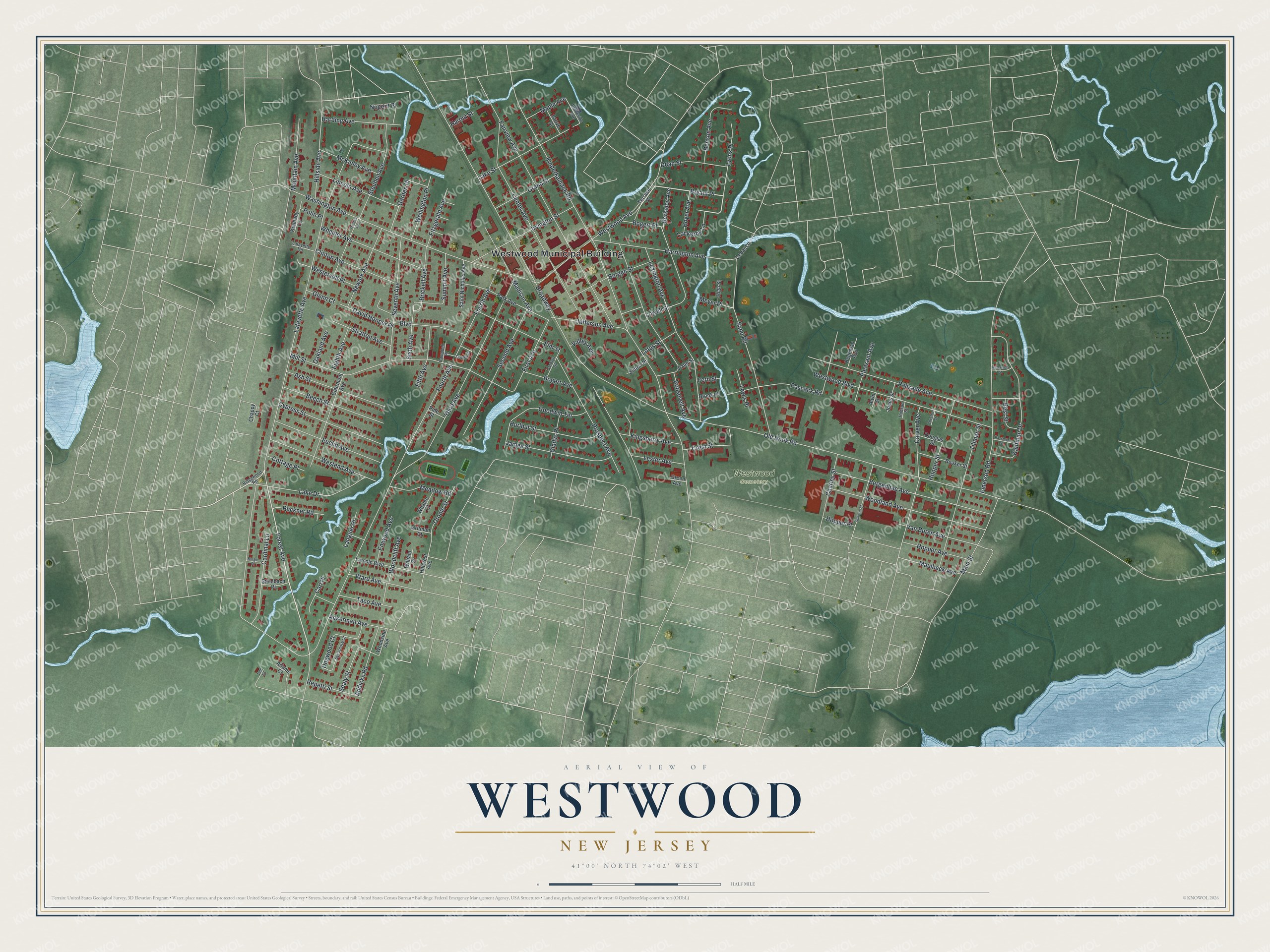 Detailed map of Westwood, New Jersey, showing streets and buildings
