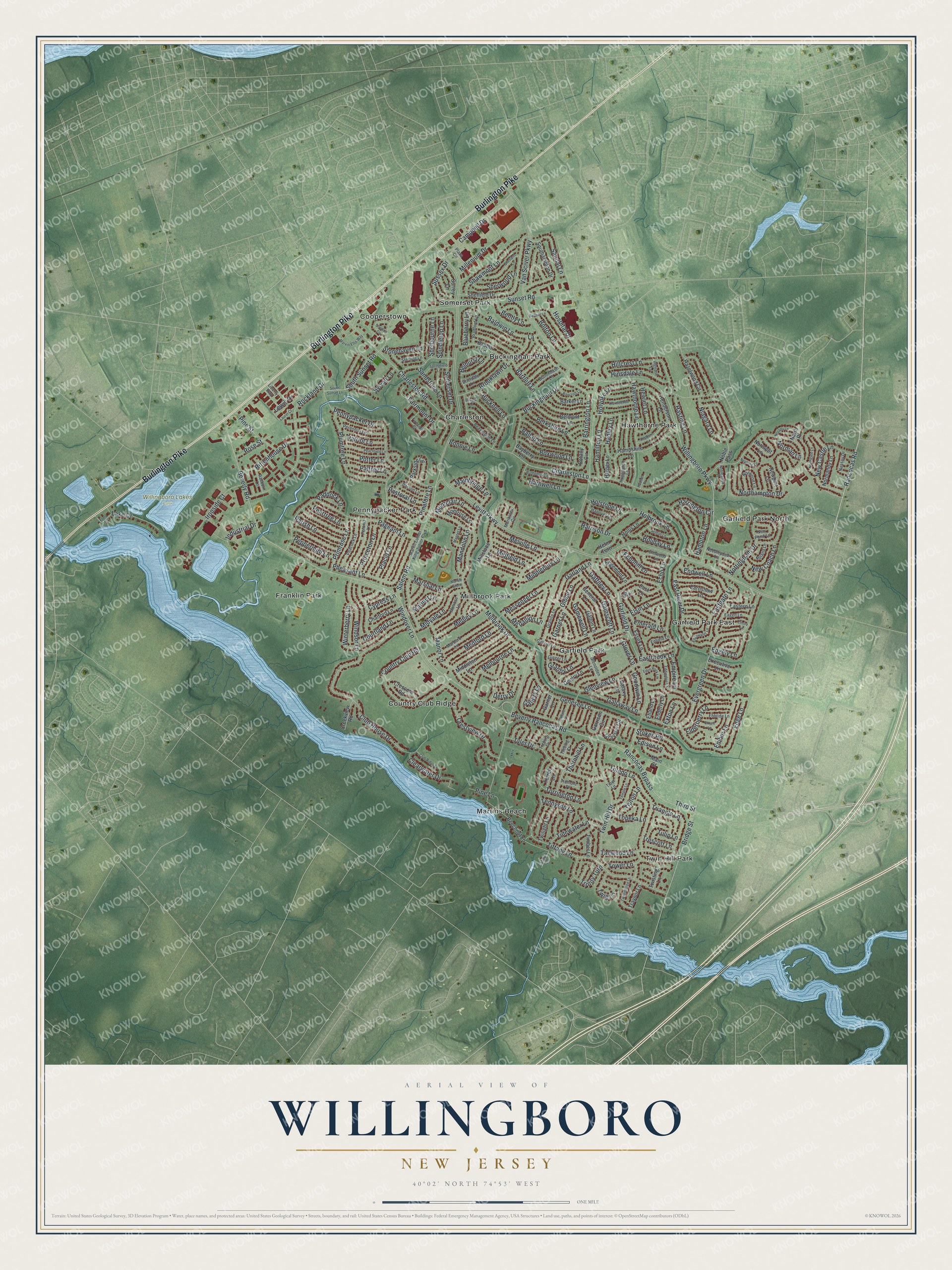 Detailed map of Willingboro, New Jersey, showing streets, buildings, neighborhoods, and parks