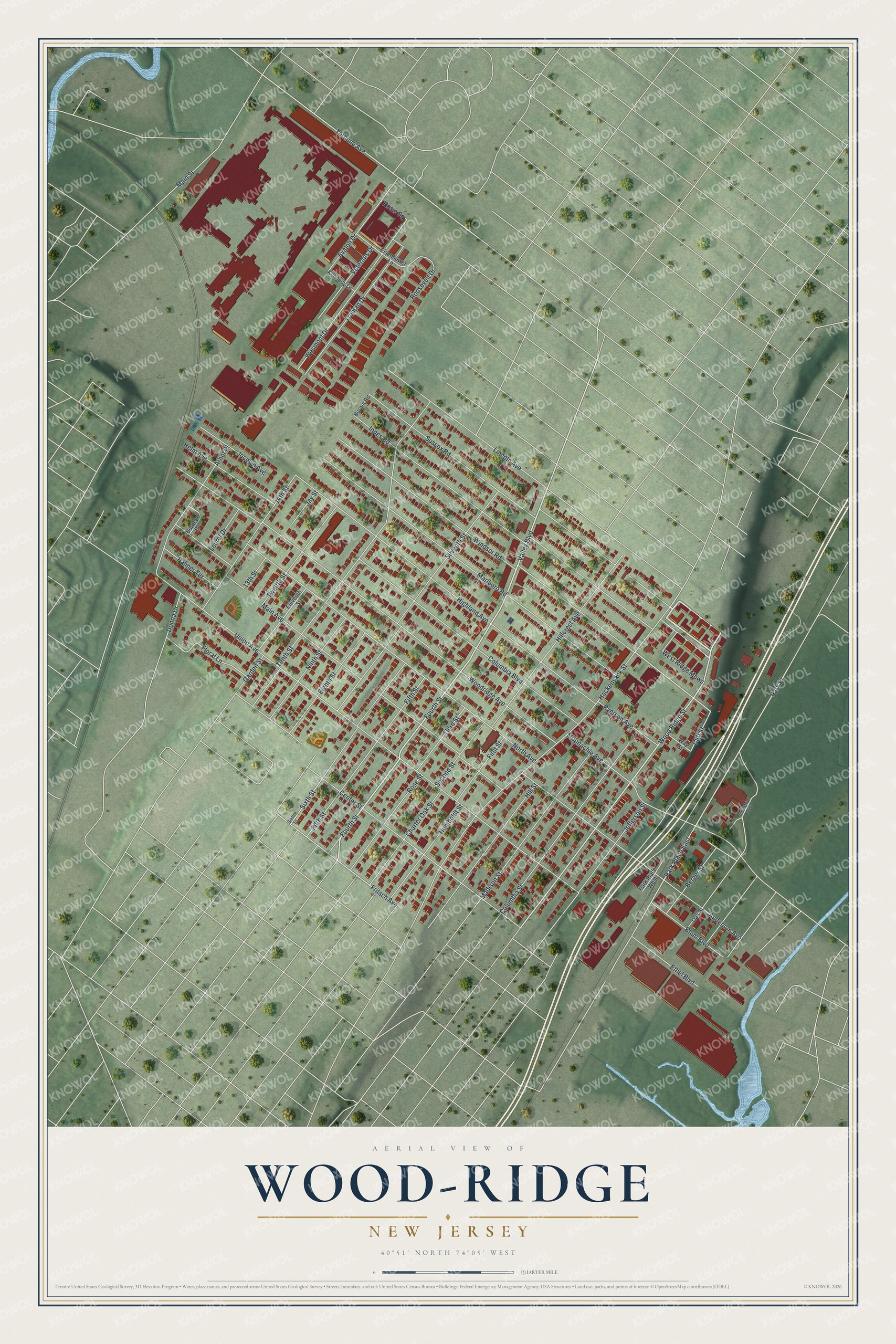 Detailed map of Wood-Ridge, New Jersey, showing streets and buildings
