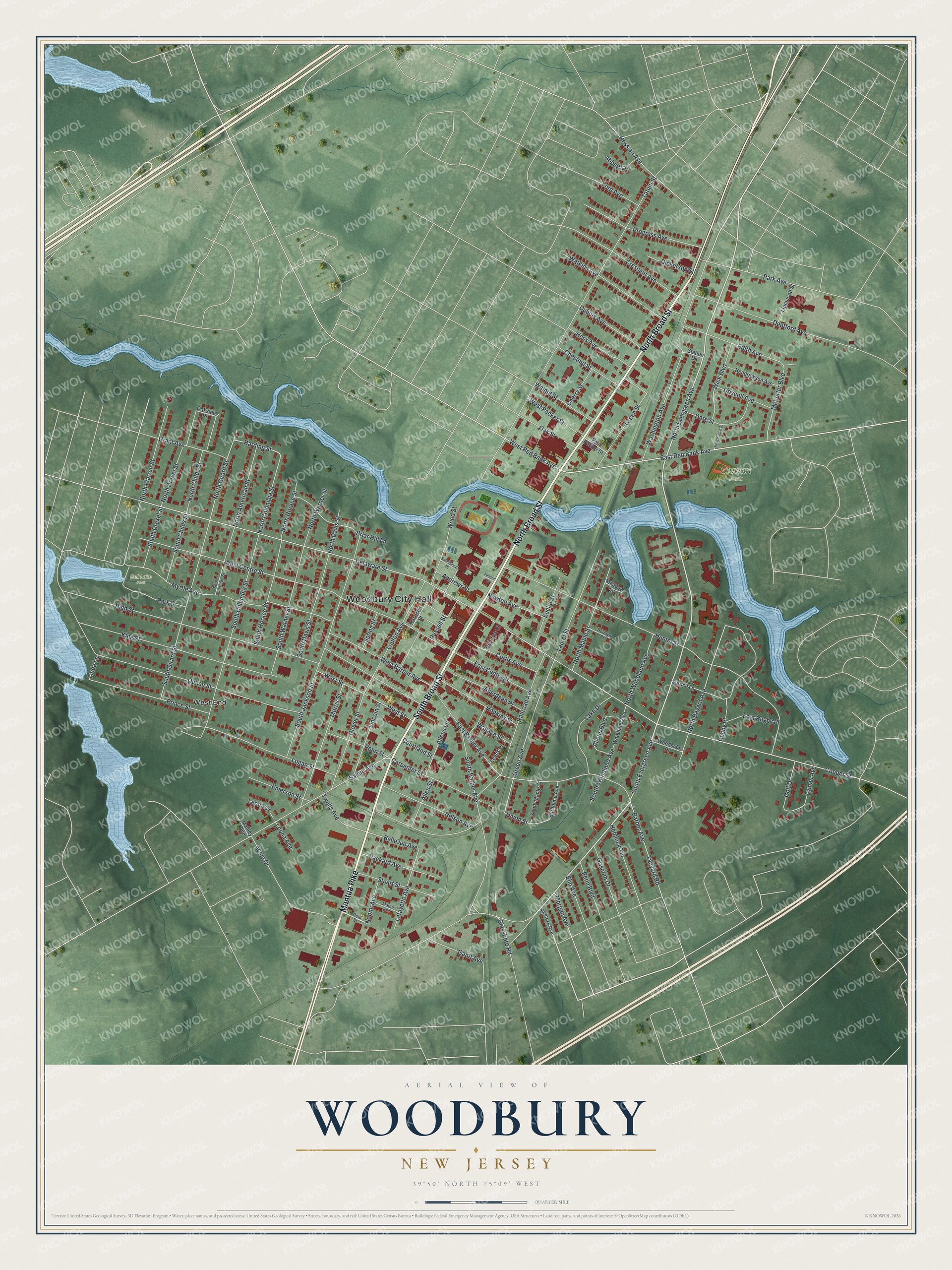 Detailed map of Woodbury, New Jersey, showing streets, buildings, and parks