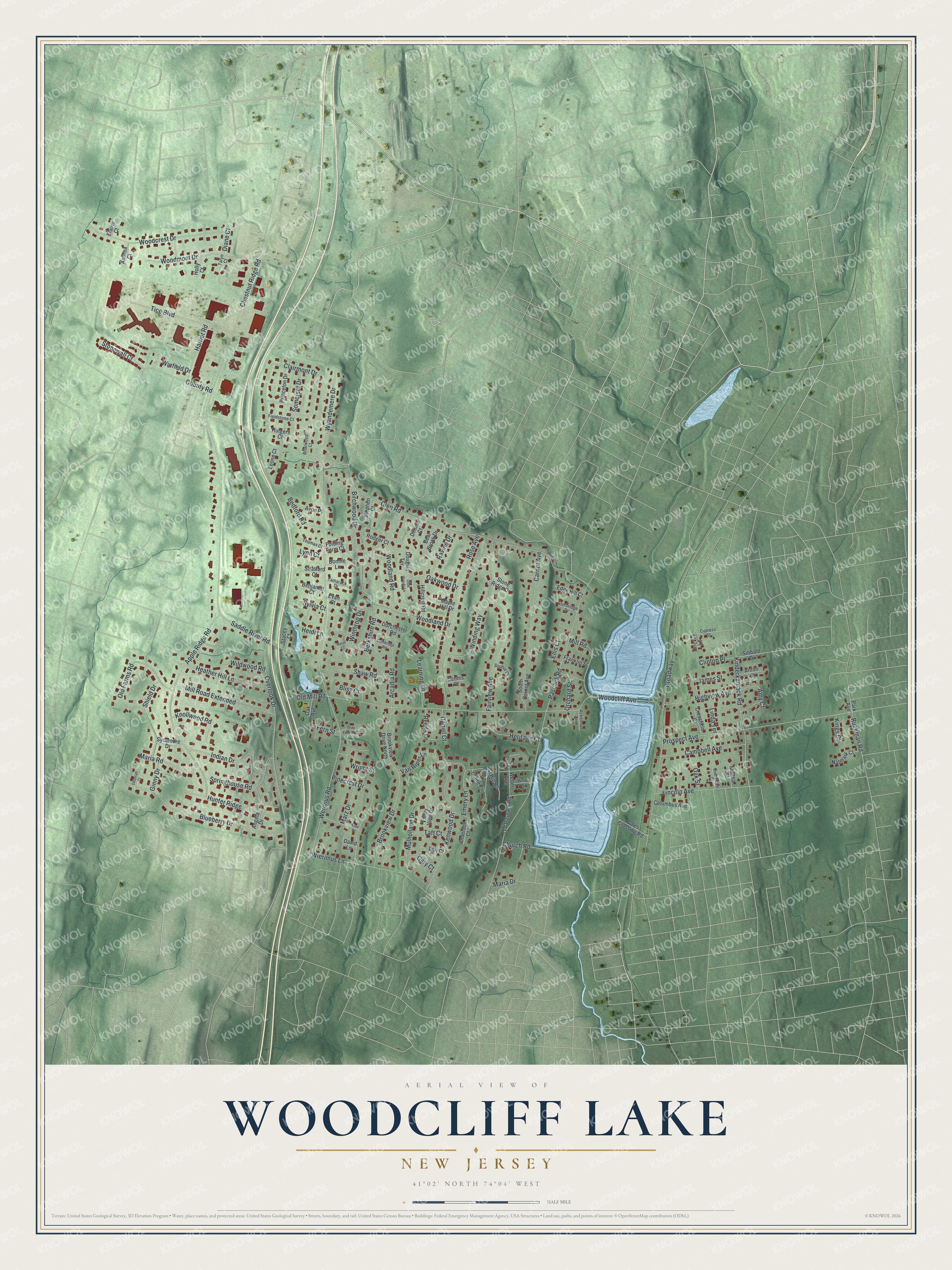 Detailed map of Woodcliff Lake, New Jersey, showing streets and buildings