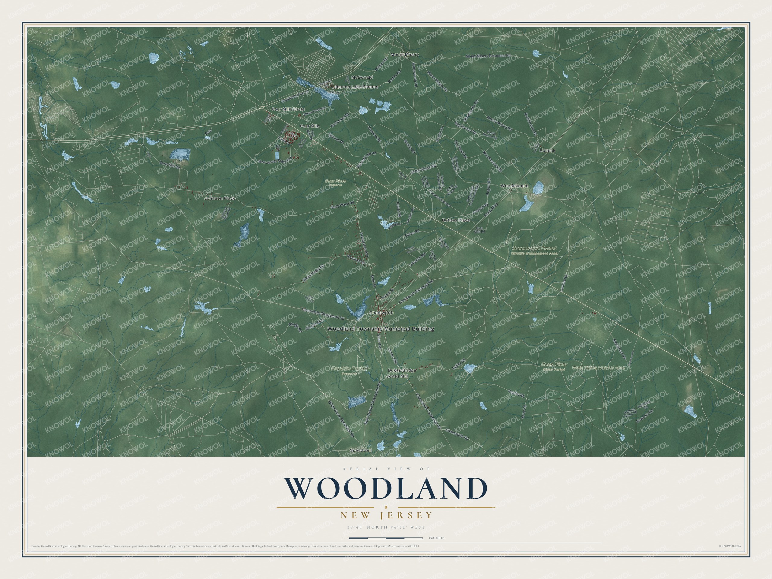 Detailed map of Woodland, New Jersey, showing streets, buildings, neighborhoods, and parks