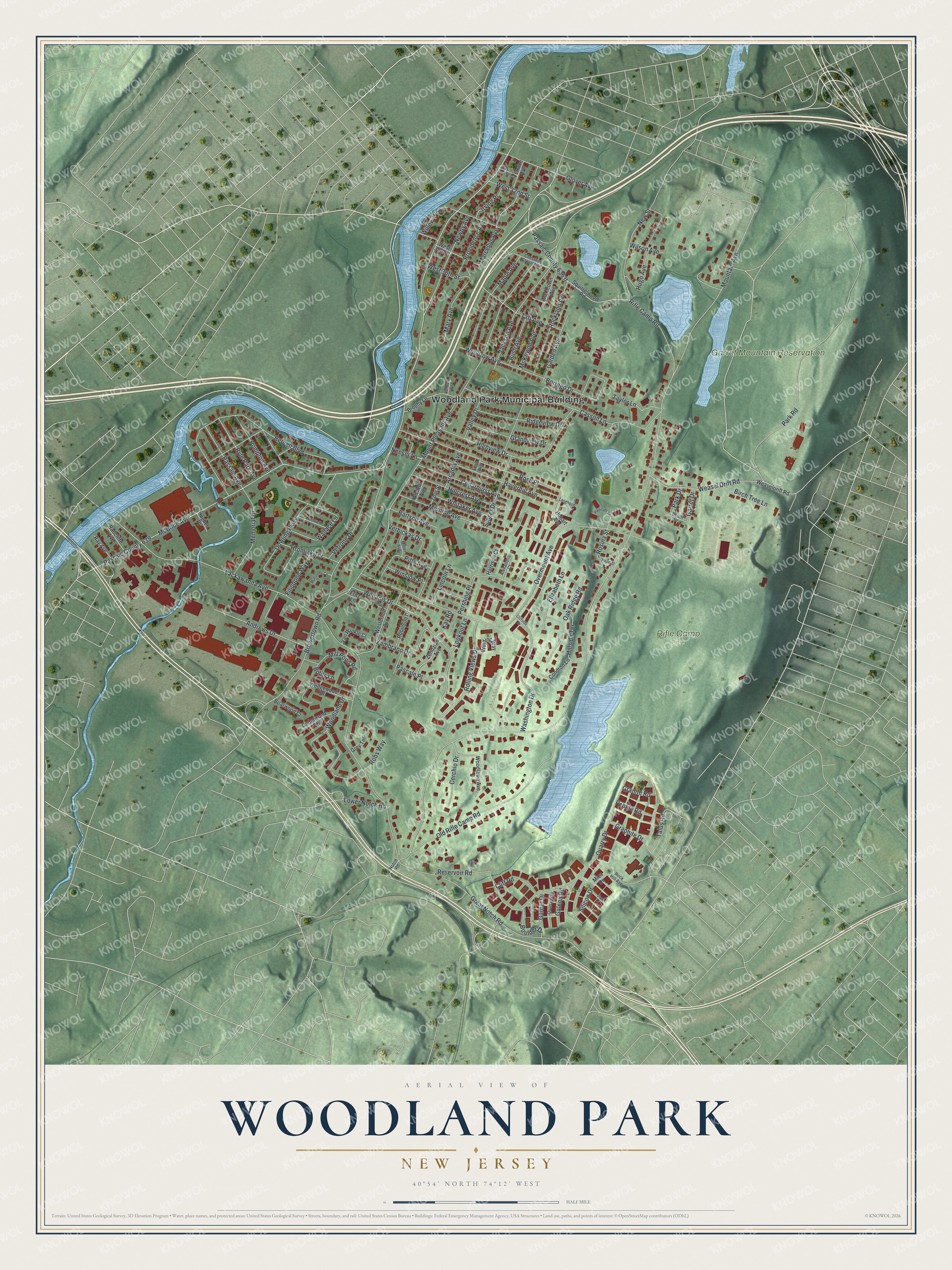 Detailed map of Woodland Park, New Jersey, showing streets and buildings