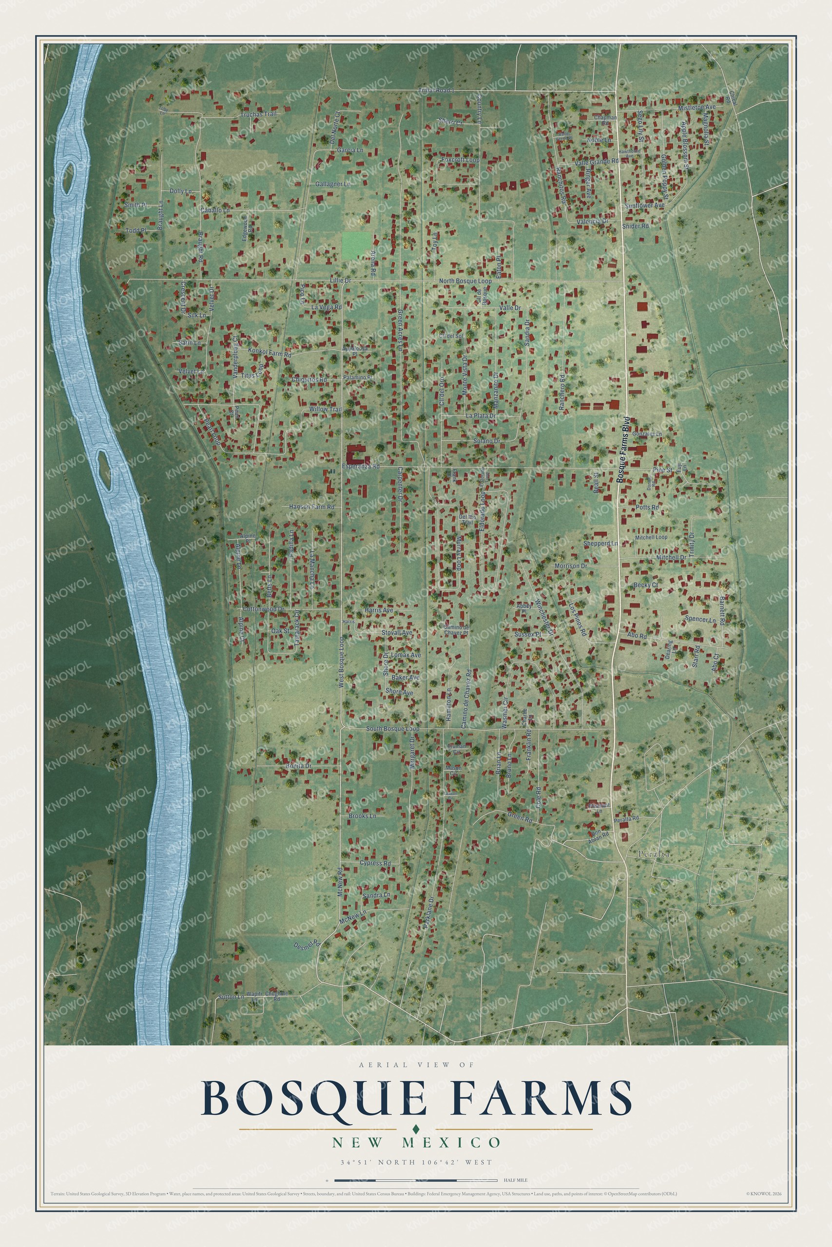 Watermarked full-map preview of Bosque Farms, New Mexico