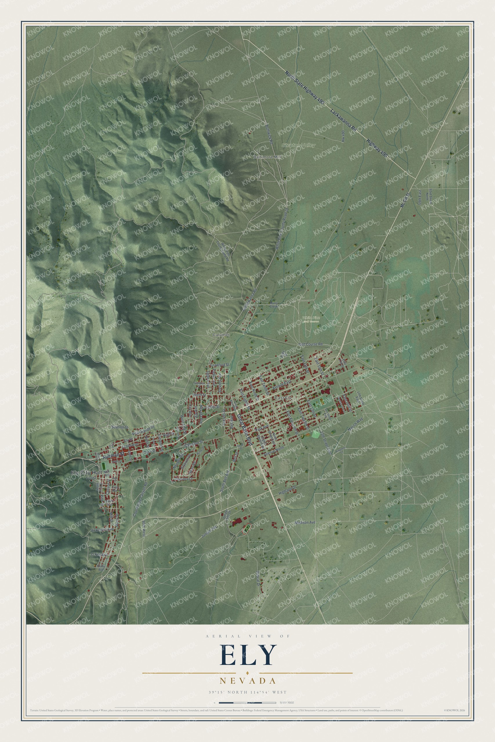 Watermarked full-map preview of Ely, Nevada