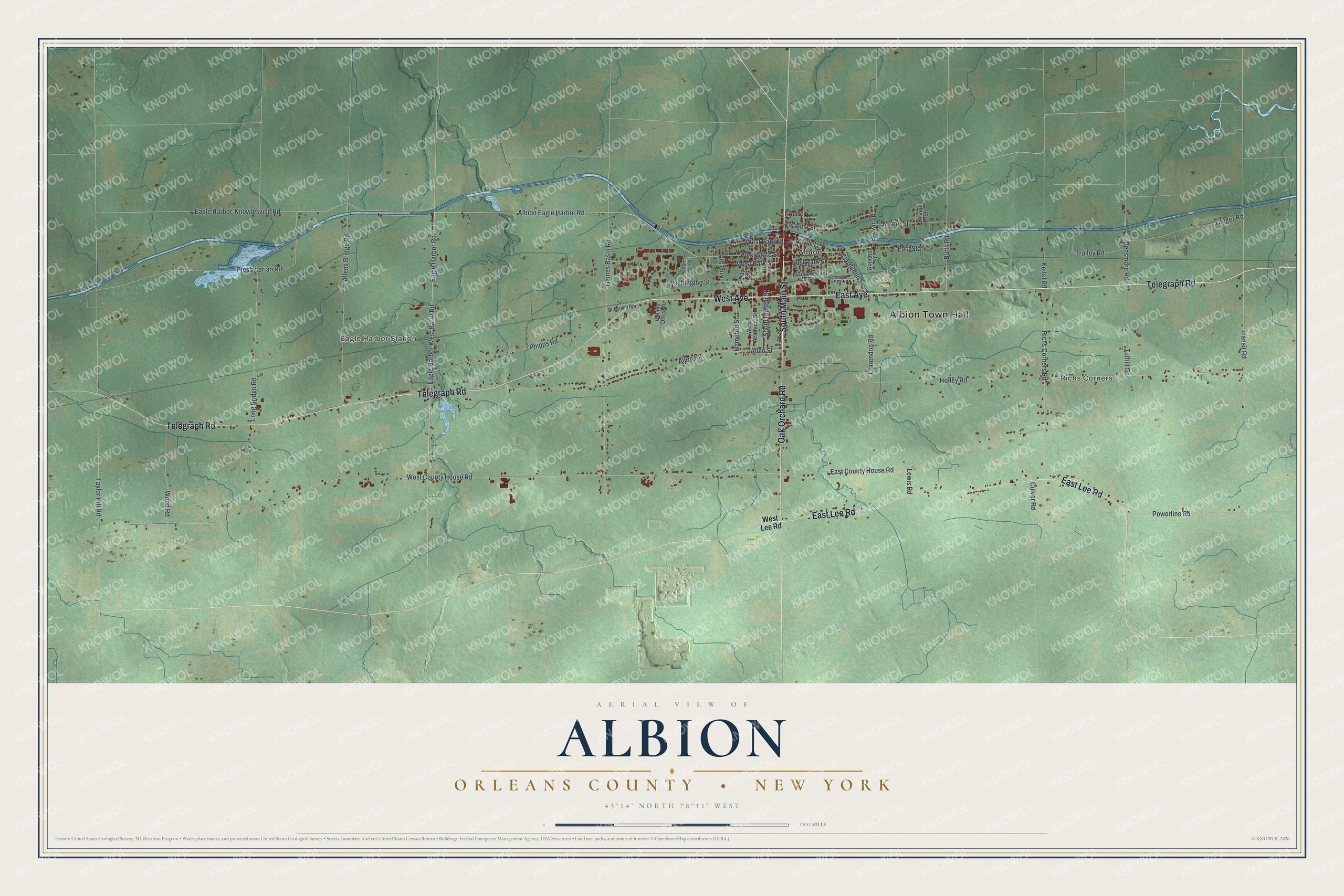 Detailed map of Albion, Orleans County, New York, showing streets, buildings, neighborhoods, and parks
