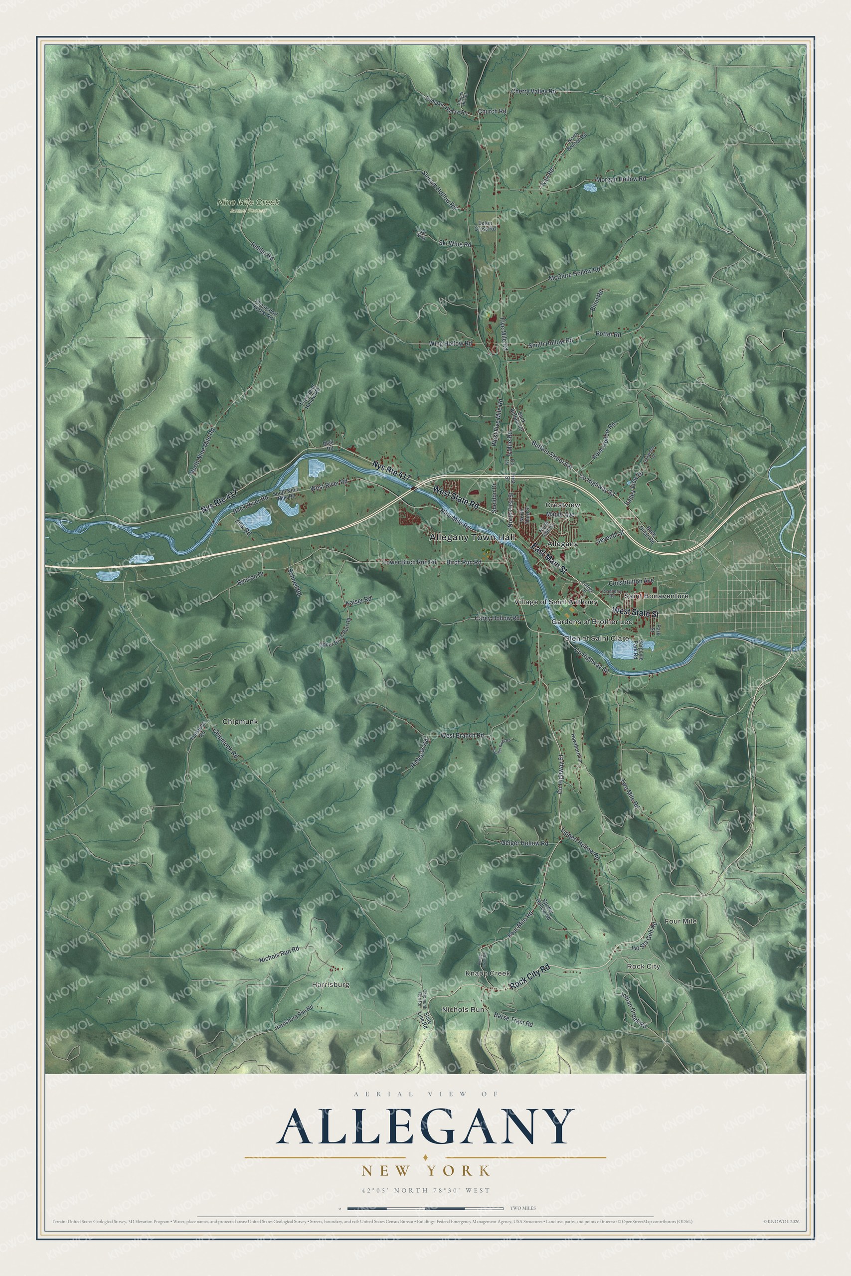 Detailed map of Allegany, New York, showing streets, buildings, neighborhoods, and parks