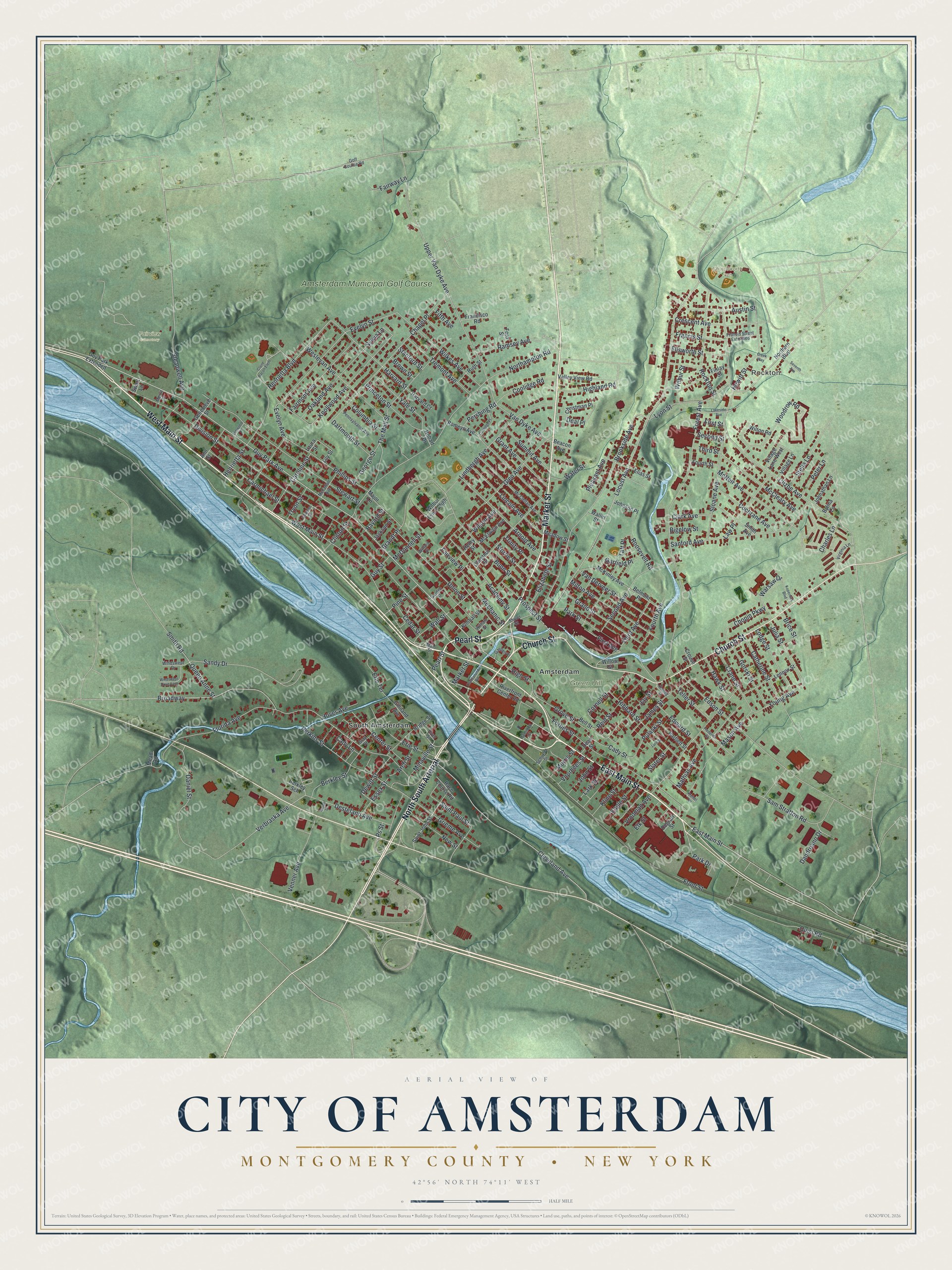 Detailed map of the City of Amsterdam, Montgomery County, New York, showing streets, buildings, neighborhoods, and parks