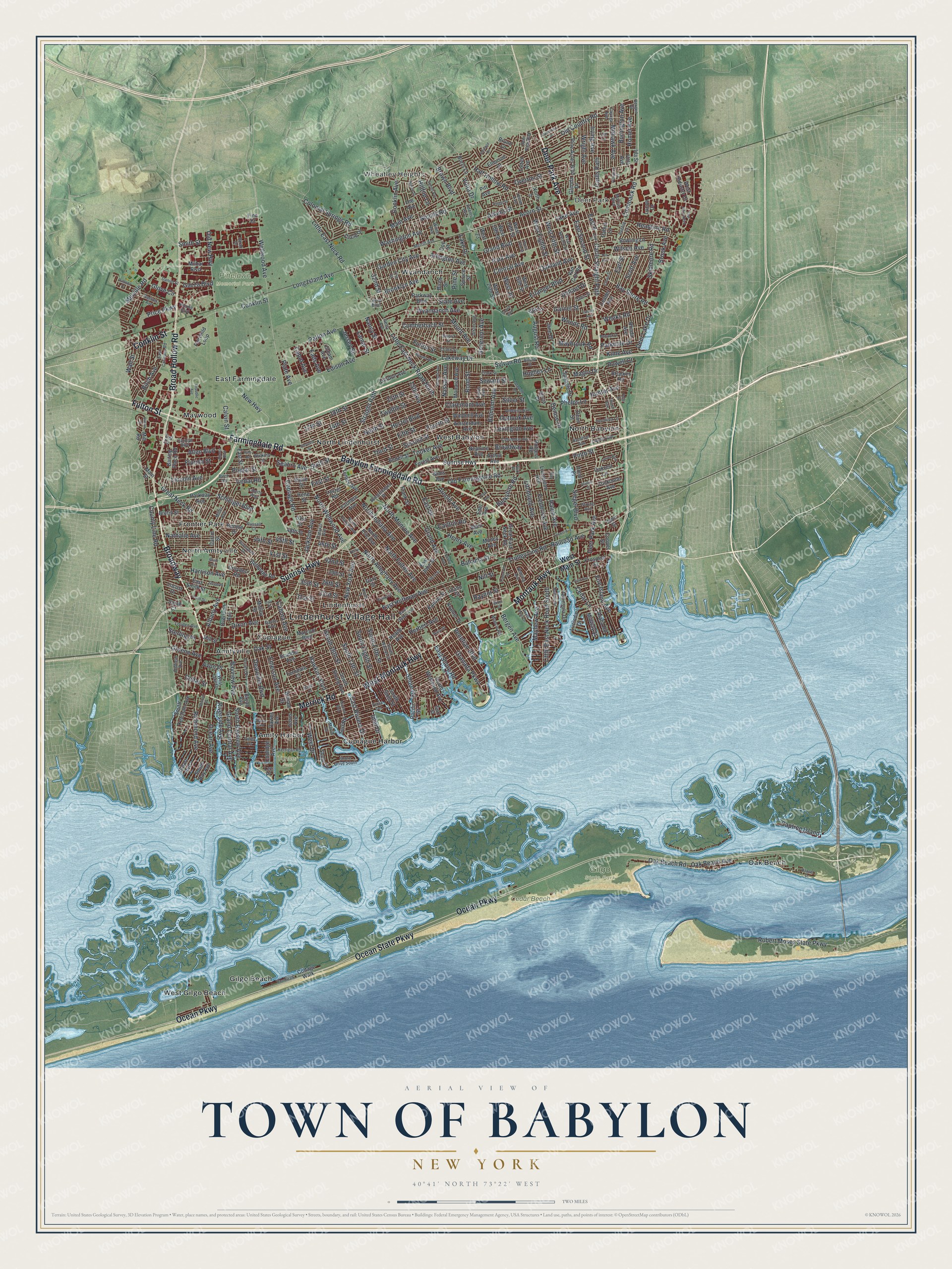 Detailed map of the Town of Babylon, New York, showing streets, buildings, neighborhoods, beaches, and parks