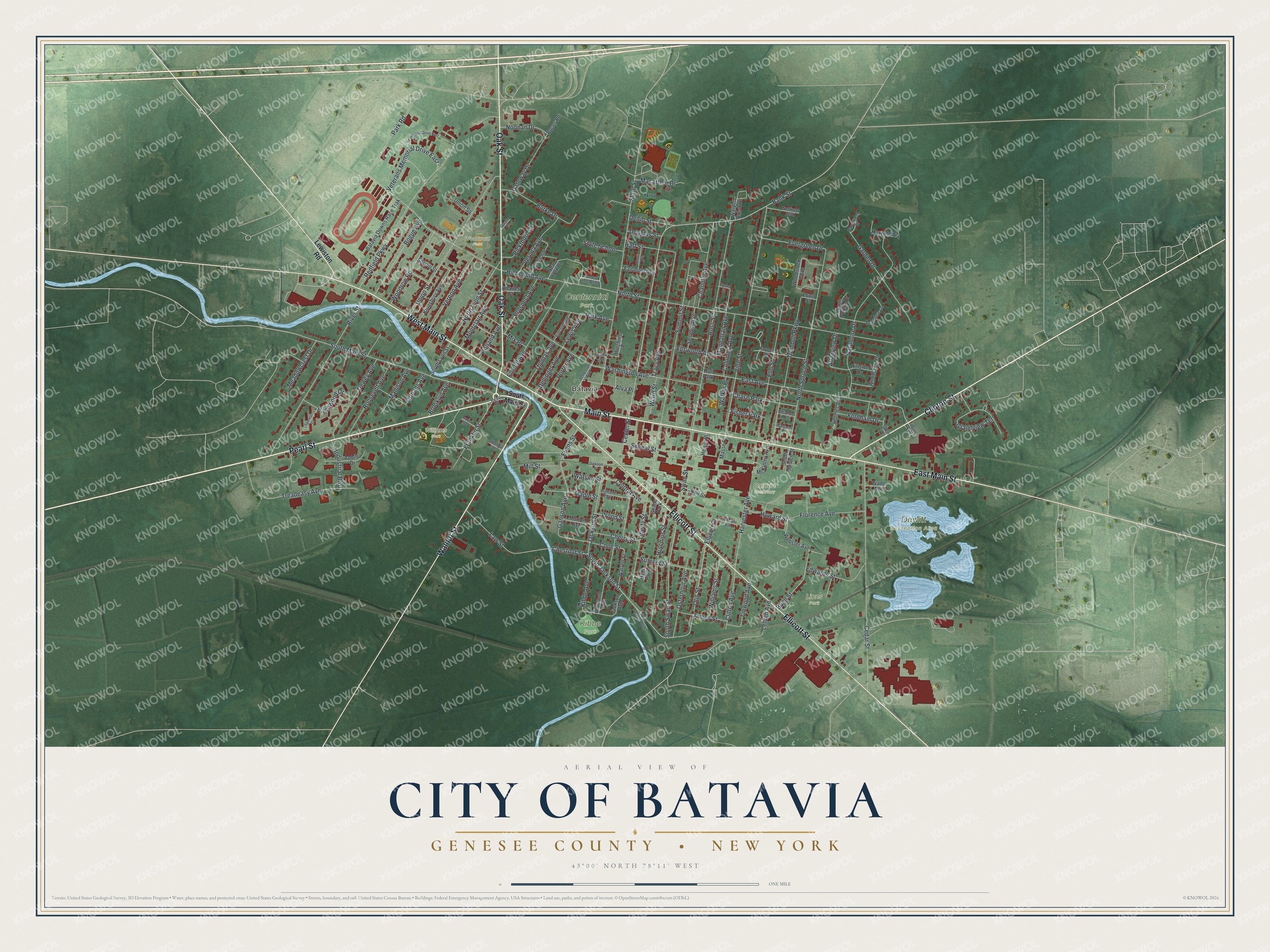 Detailed map of the City of Batavia, Genesee County, New York, showing streets, buildings, and parks