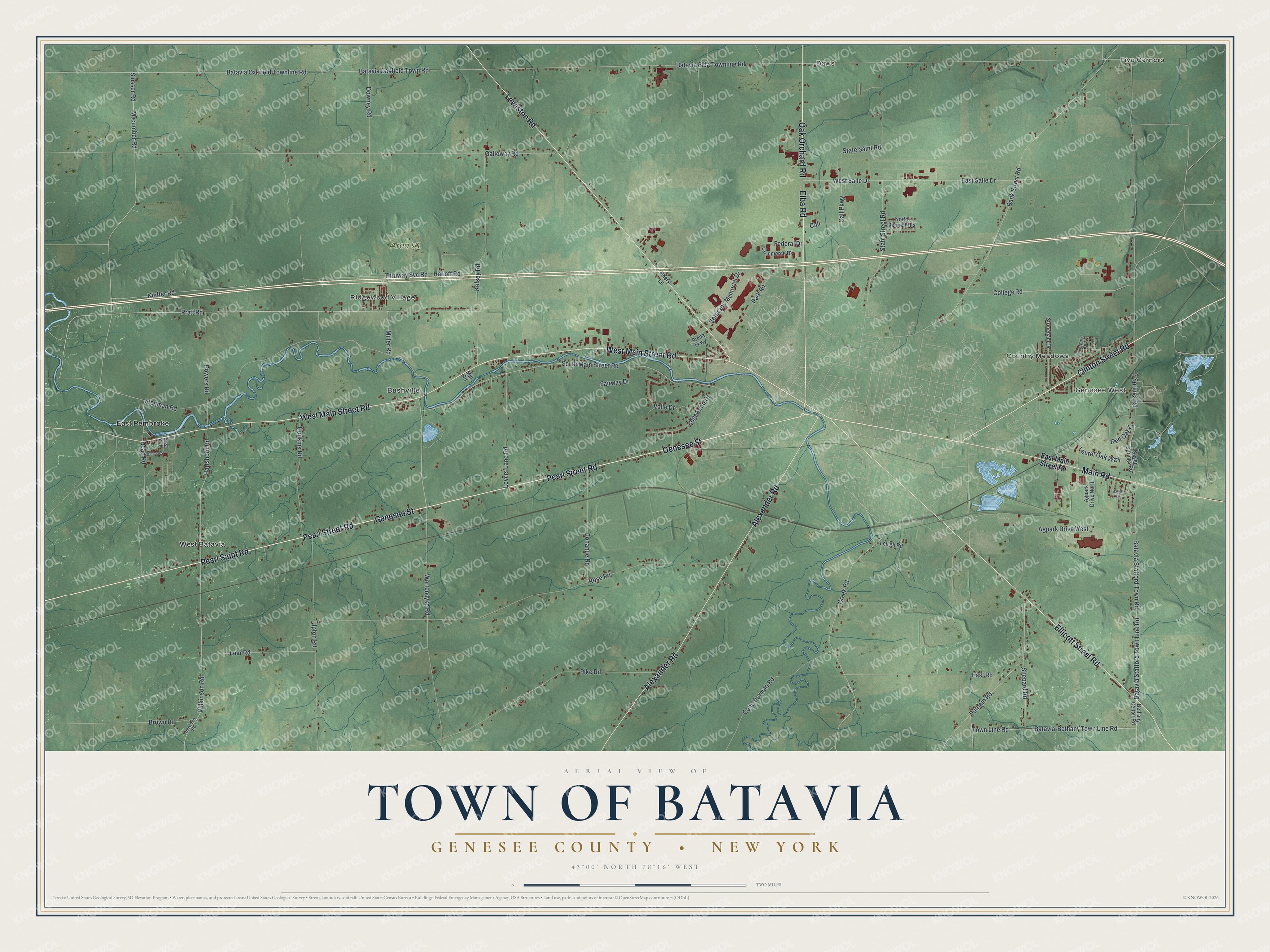 Detailed map of the Town of Batavia, Genesee County, New York, showing streets, buildings, and neighborhoods