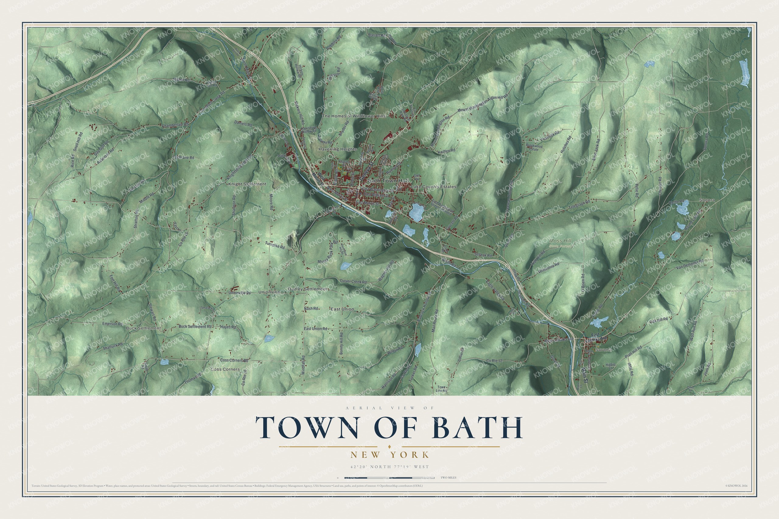 Detailed map of the Town of Bath, New York, showing streets, buildings, neighborhoods, and parks