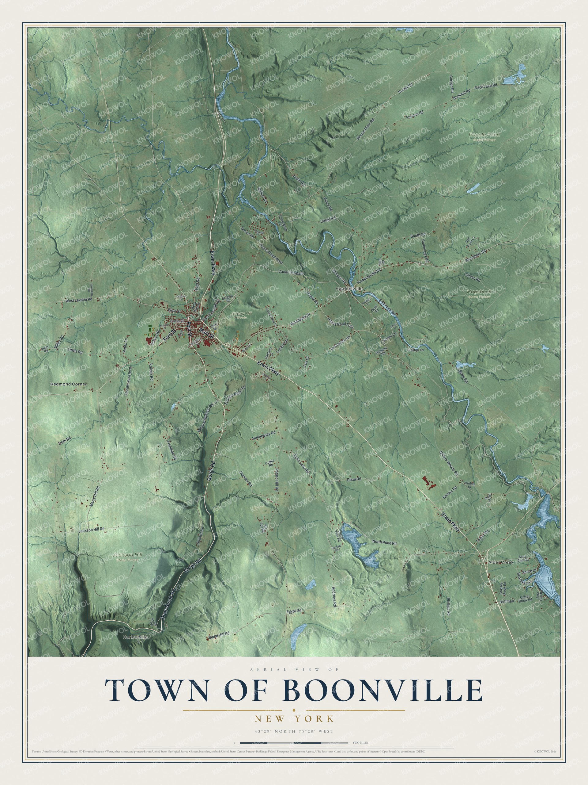 Detailed map of the Town of Boonville, New York, showing streets, buildings, neighborhoods, and parks