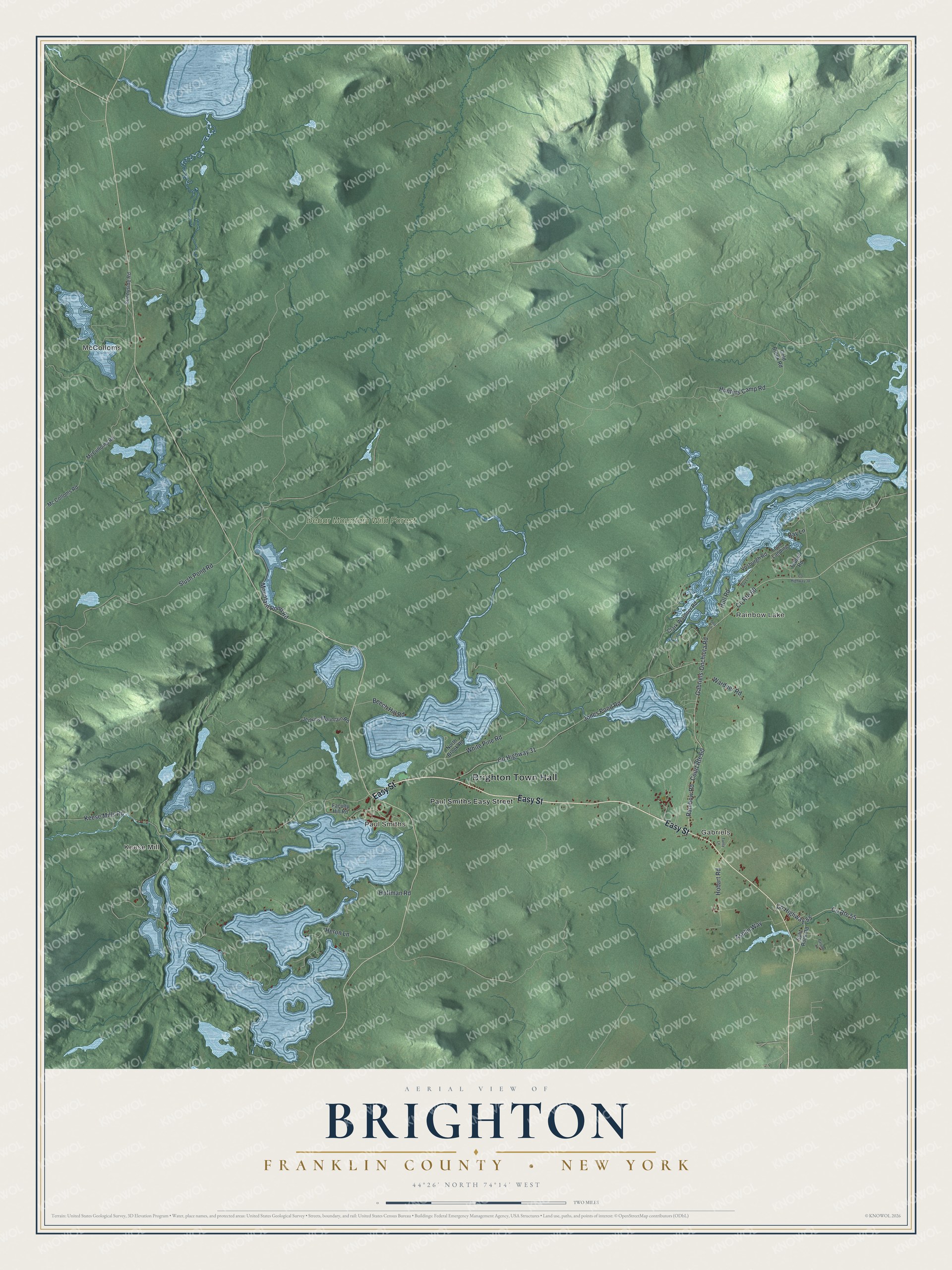 Detailed map of Brighton, Franklin County, New York, showing streets, buildings, neighborhoods, and parks