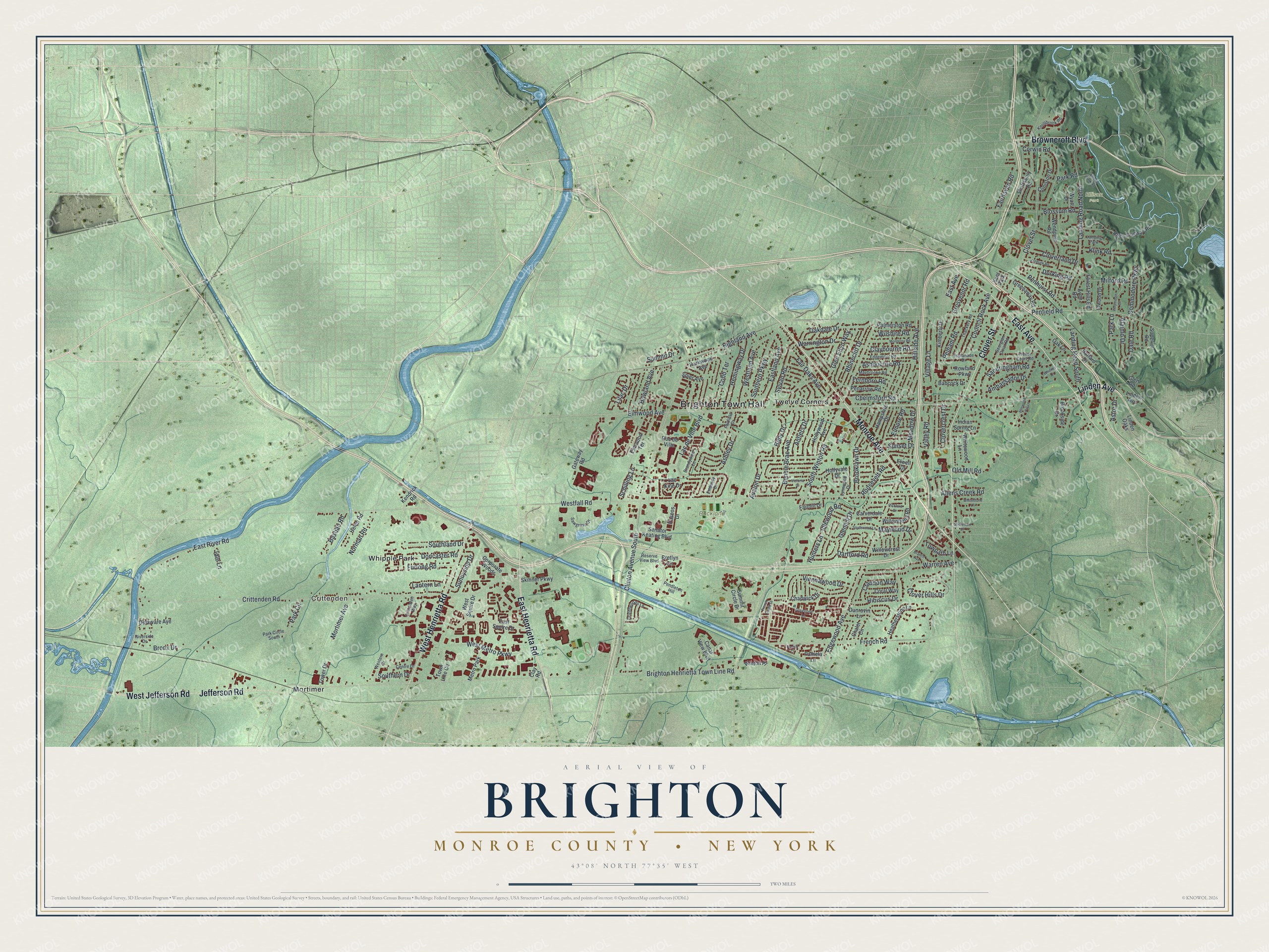 Detailed map of Brighton, Monroe County, New York, showing streets, buildings, neighborhoods, and parks