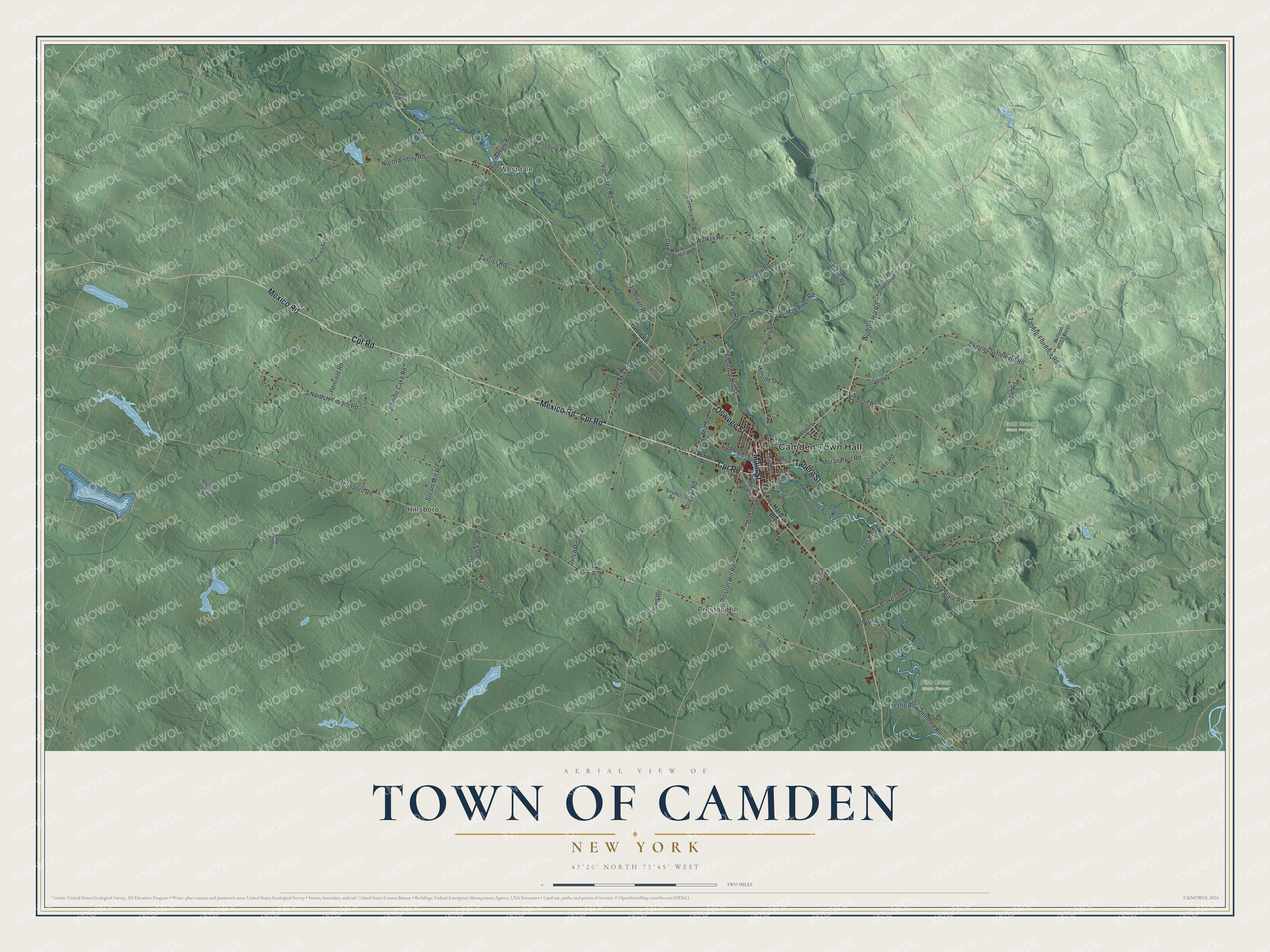 Detailed map of the Town of Camden, New York, showing streets, buildings, neighborhoods, and parks