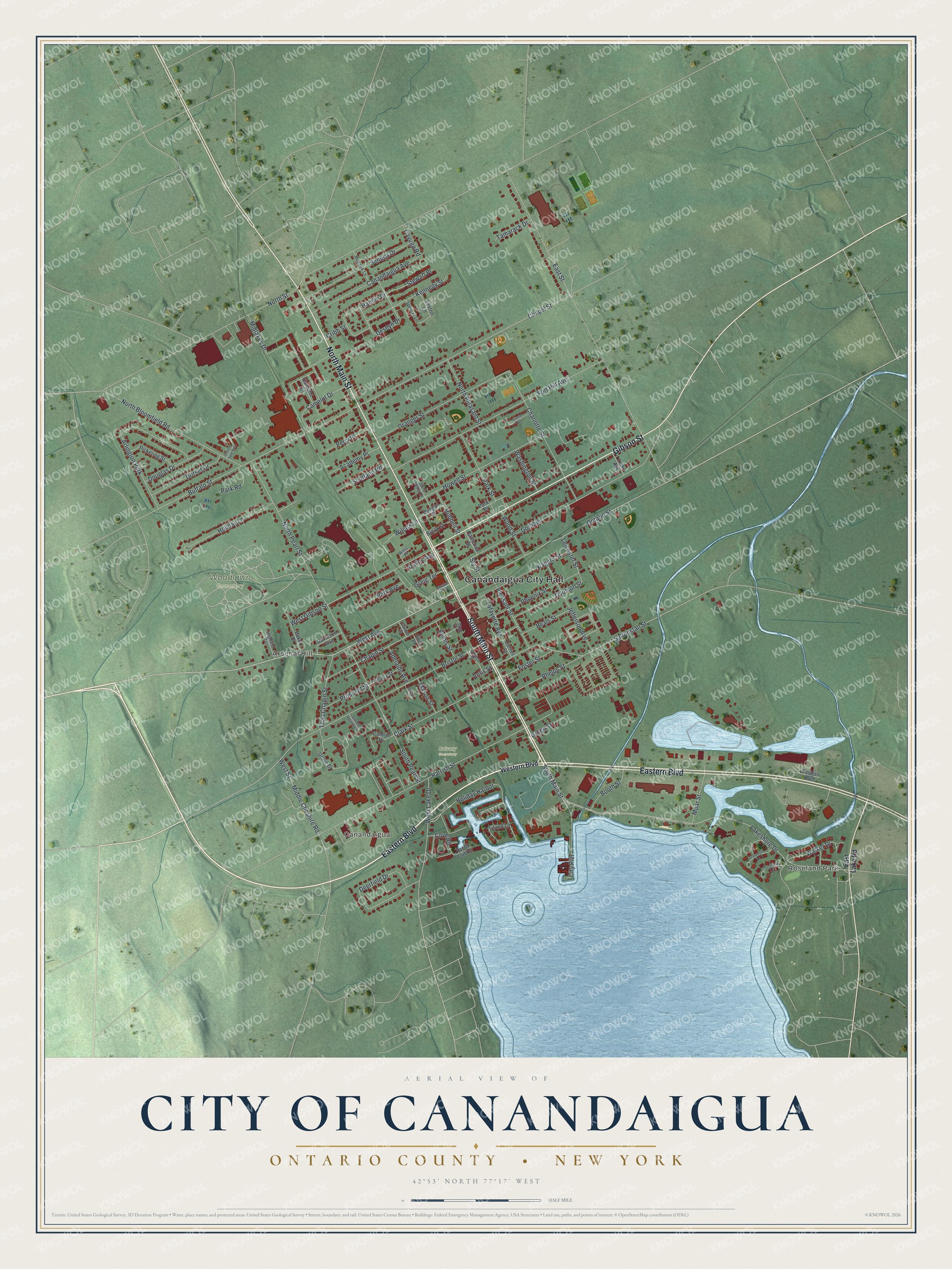 Detailed map of the City of Canandaigua, Ontario County, New York, showing streets, buildings, neighborhoods, and parks