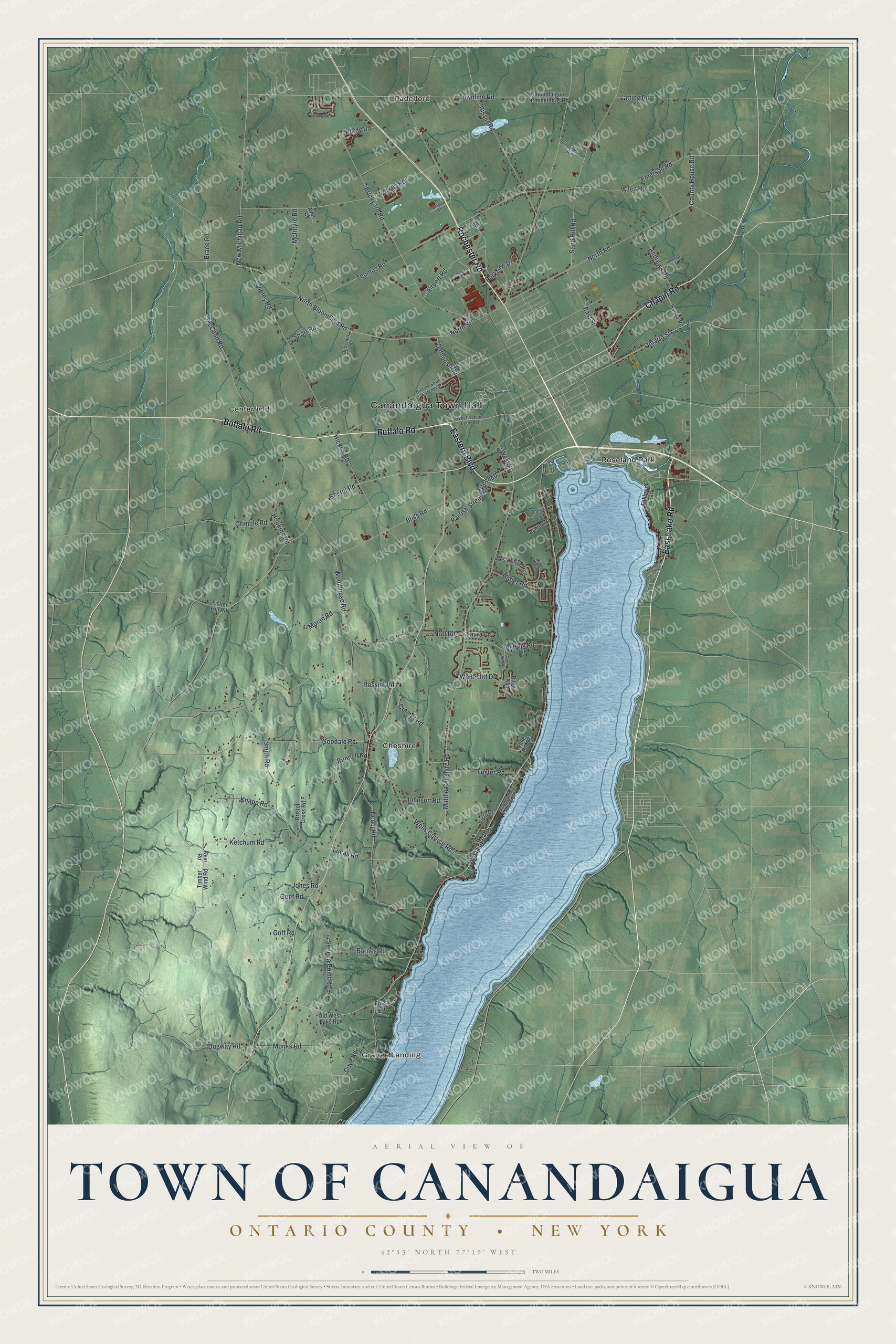 Detailed map of the Town of Canandaigua, Ontario County, New York, showing streets, buildings, and neighborhoods