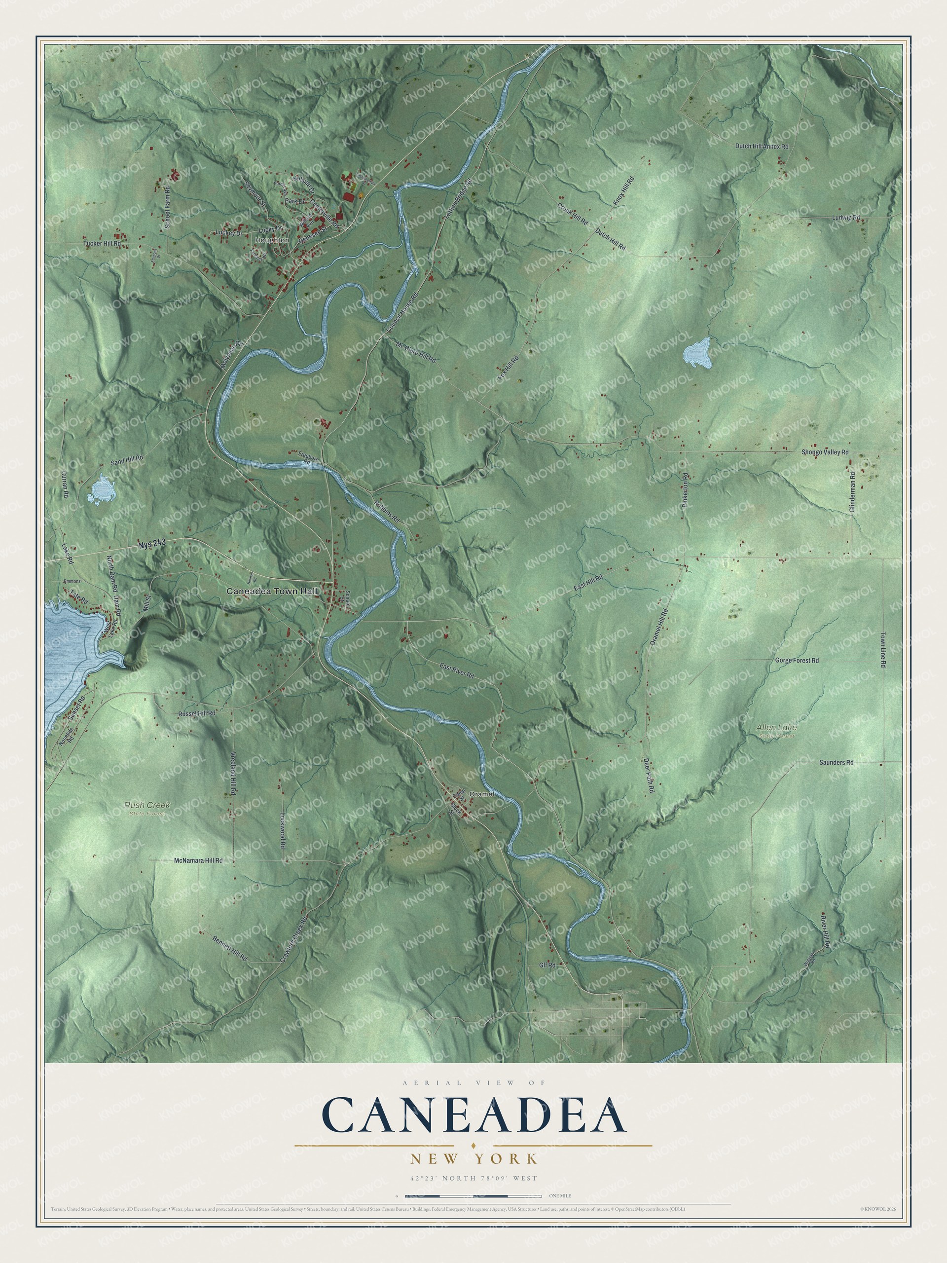 Detailed map of Caneadea, New York, showing streets, buildings, neighborhoods, and parks